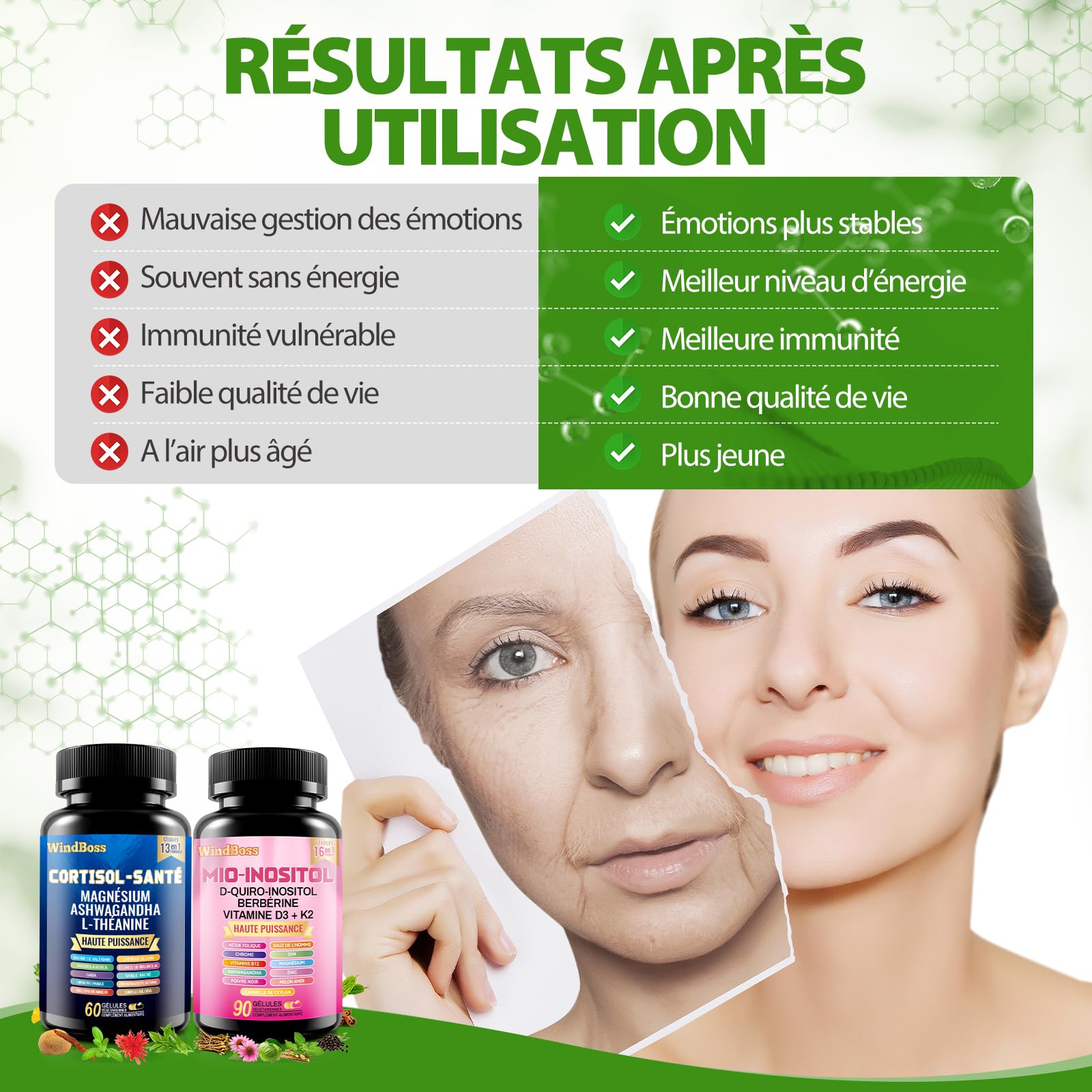 WindBoss 60 + 90 capsules Ensemble de capsules Myo-inositol et de cortisol, naturel, sans additifs et végétalien