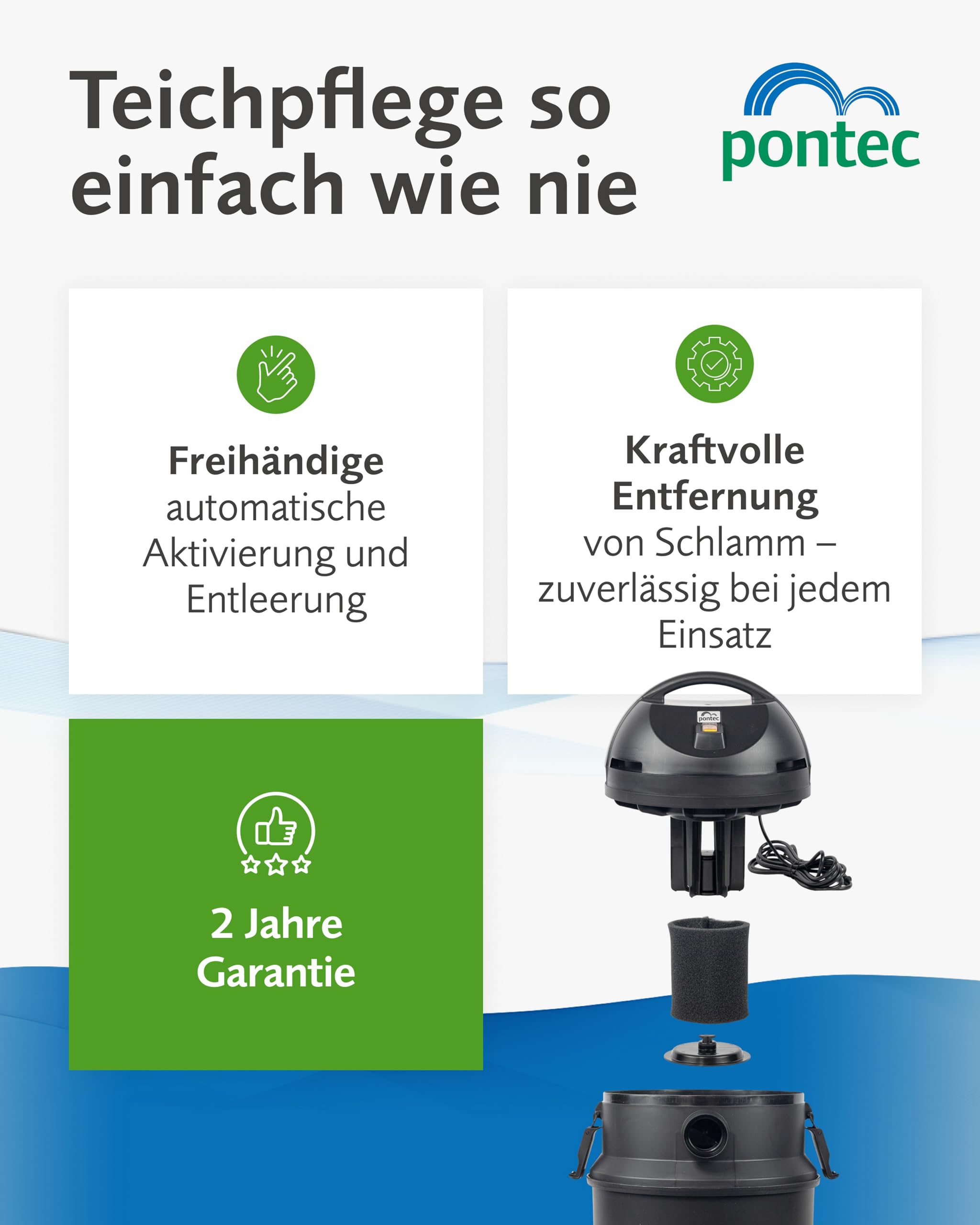 Pontec Pondomatic Teichschlammsauger (1400 W) Teichsauger Schlammsauger Teich für einen Sauberen Teichboden, 30 L Auffangvolumen, Inklusive 3 Düsen und 4 M Kabel, 2 Jahre Garantie, Deutsche Technik