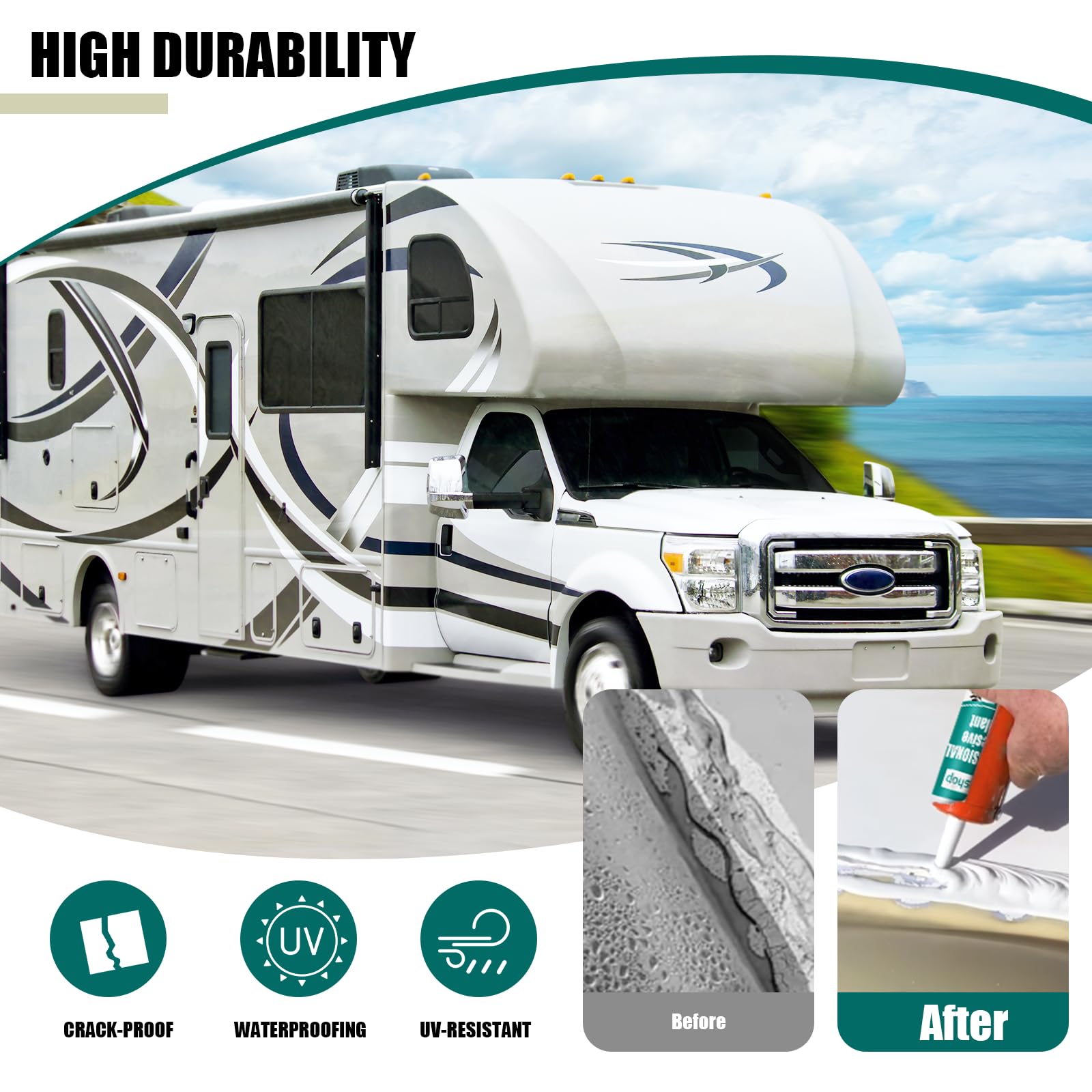 Sellador de techo para autocaravanas y autocaravanas, color blanco, autonivelante, impermeable, para autocaravana, sellador de sil