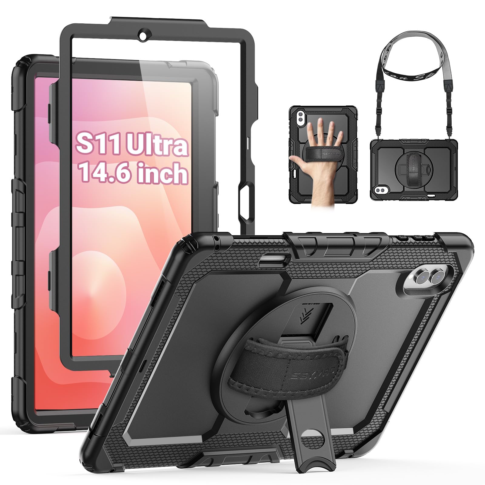 SEYMAC Funda para Samsung Galaxy Tab S11 Ultra 2025 de 14,6 Pulgadas(SM-X930/X936B), con Protector de Pantalla, Soporte Giratorio de 360°/Correa de Mano, Correa para el Hombro, Portabolígrafos, Negro