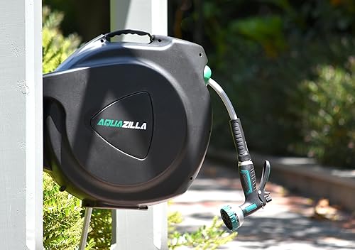 Miniatura 5 de Carrete de manguera de jardín retráctil, carrete de manguera de agua duradero de 100 pies x 12 pulgadas con soporte giratorio de 180 grados,