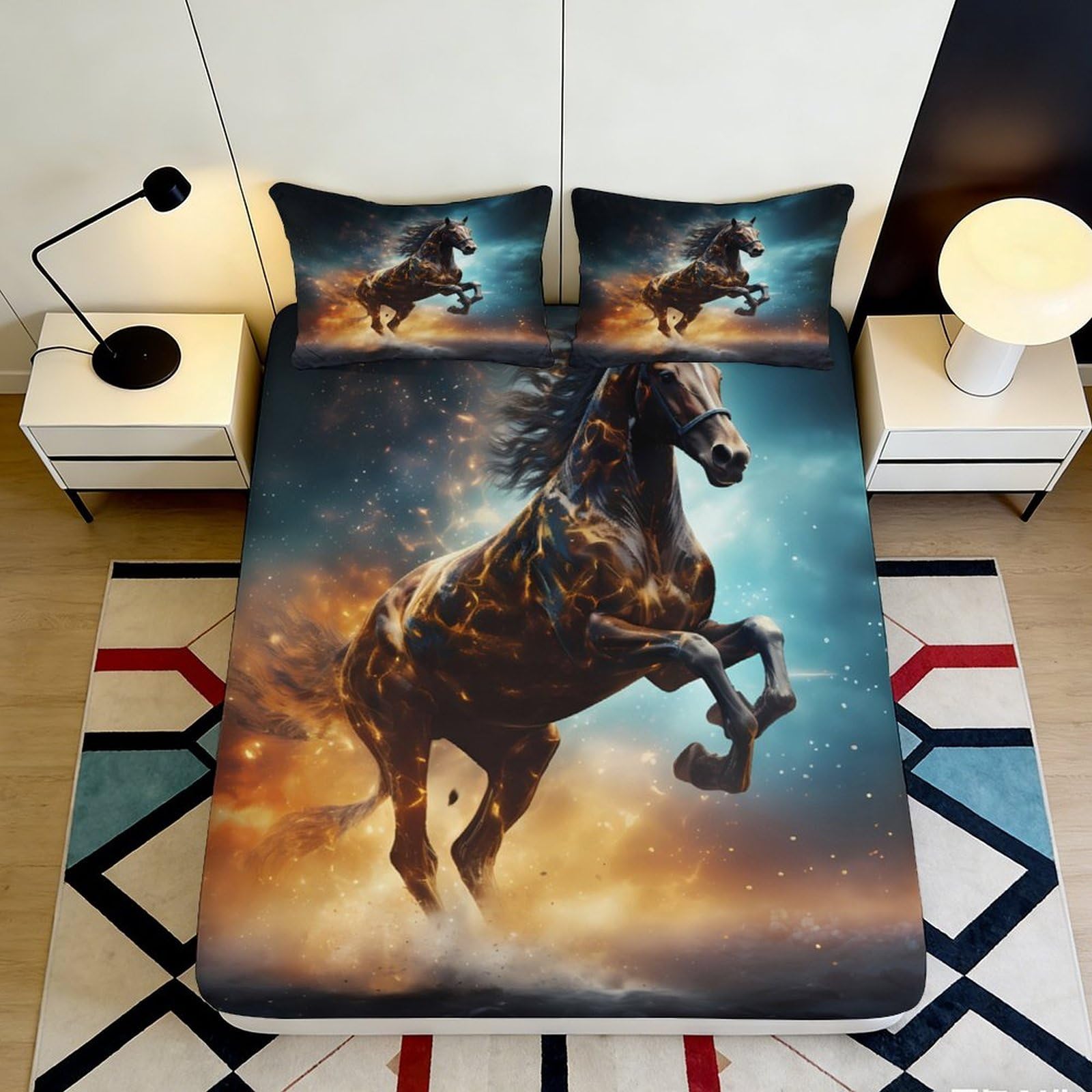 3D Printed Fiery Horse Fitted Sheet Microfiber Soft Breathable Mystical Stallion Bed Sheet Durable Mattress Cover for Bedroom Dormitory Guest Room 200x200x25cm