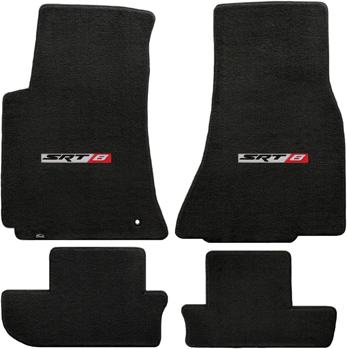 Fits 2008-2010 Dodge Challenger 4pc Ebony Black Front & Rear Floor Mats with SRT-8 Logo in Red & Silver