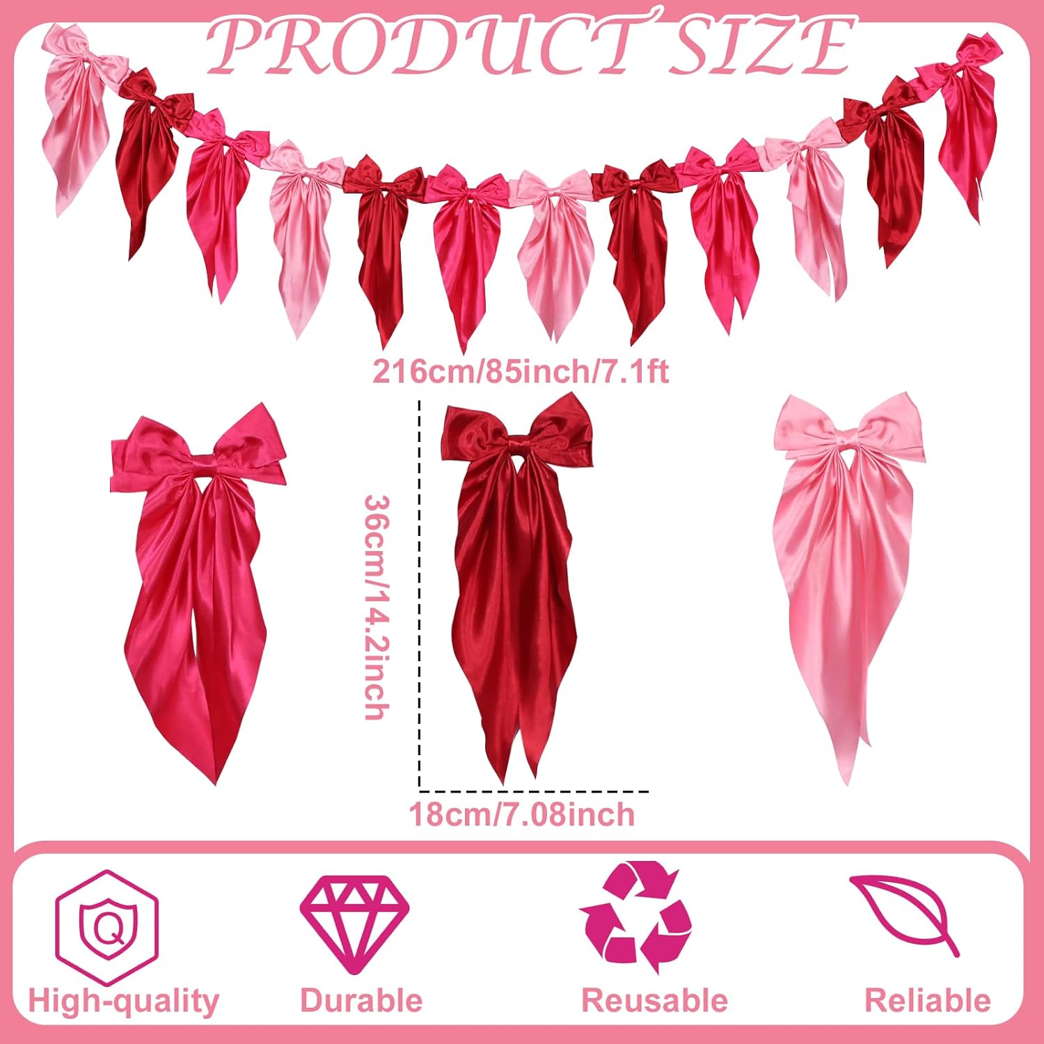 Pink Bow Garland Banner for Fireplace Mantel Decor Satin Ribbon Bow Knot Hanging Garland Banner for Bachelorette Bridal Shower Birthday Wedding Party Supplies Favors (3 Red)