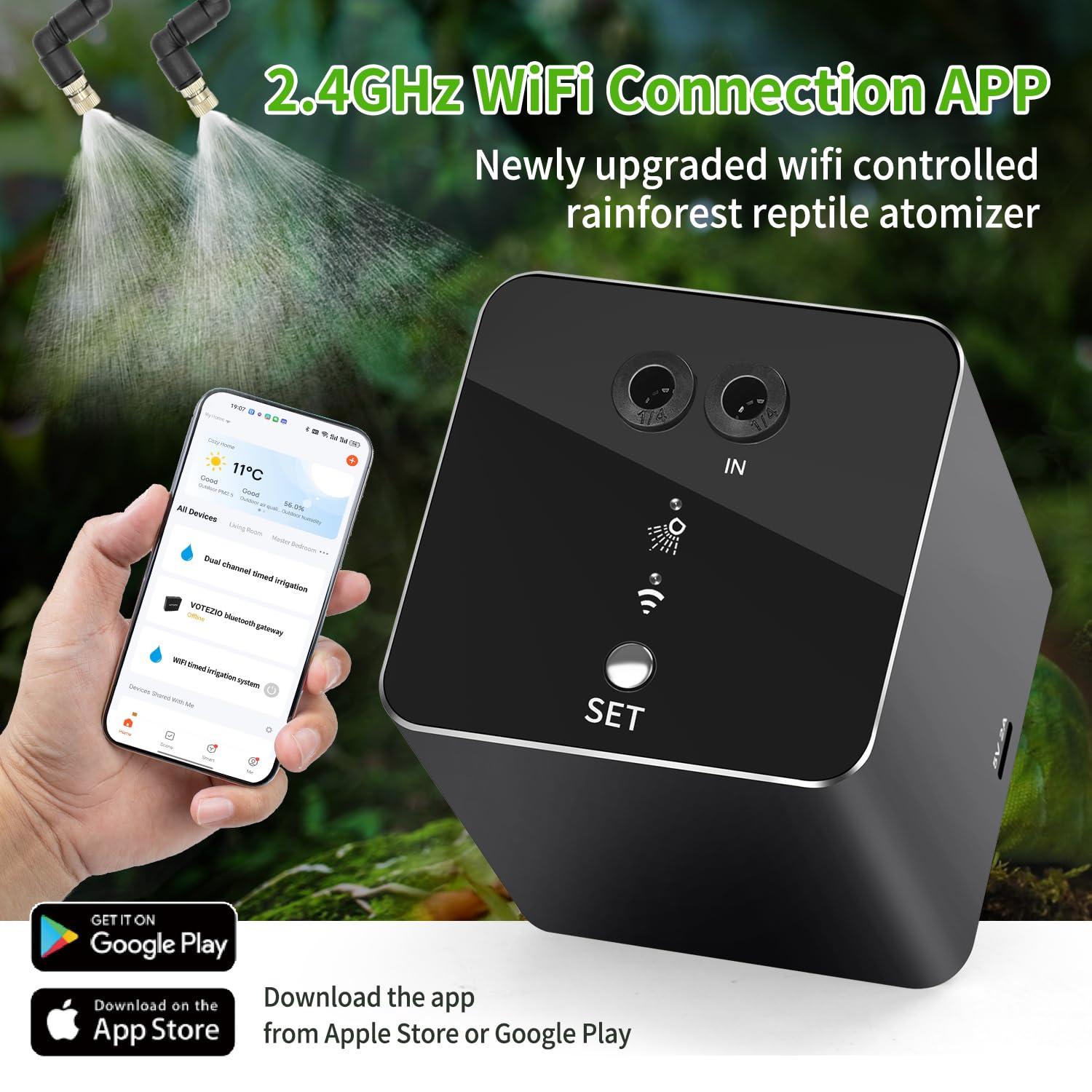 Reptile Mister, WiFi Remote App Control Reptile Humidifier, Automatic Reptile Mist with Timer, Adjustable 360° Spray Nozzles, Low Noise Terrarium Misting System for Reptile Terrarium