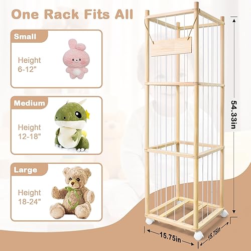 Miniatura 2 de Almacenamiento de animales de peluche, bonito soporte de madera para juguetes de zoológico con ruedas de freno, organizador de juguetes de ahorro de