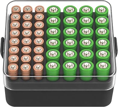 ALCYON Battery Organizer Storage Case, Battery Vault Box Container for 48 AAA Batteries Plastic Clear Protective Battery Holder for Travel Home Office Black, Medium