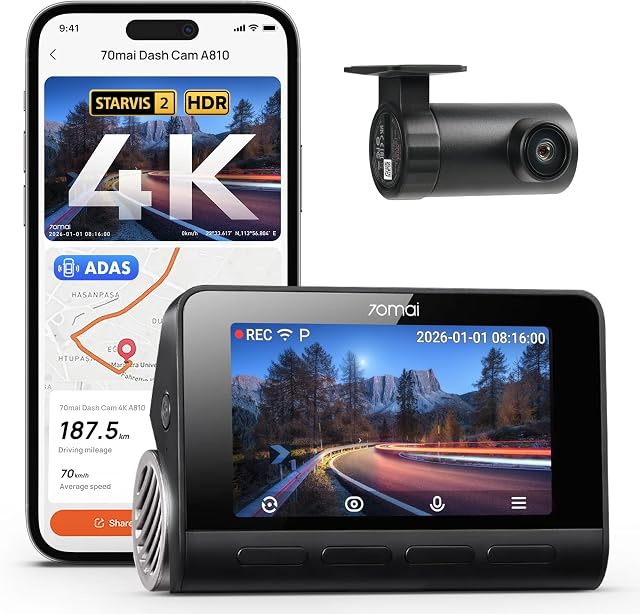 70mai A810 4K Double Dash Cam Front & Arrière, STARVIS 2 HDR Super vision nocturne, AI Détection des mouvements & Parking 24/7, intégré GPS, Wi-Fi & APP, ADAS, Enregistrement de boucles, chronologie