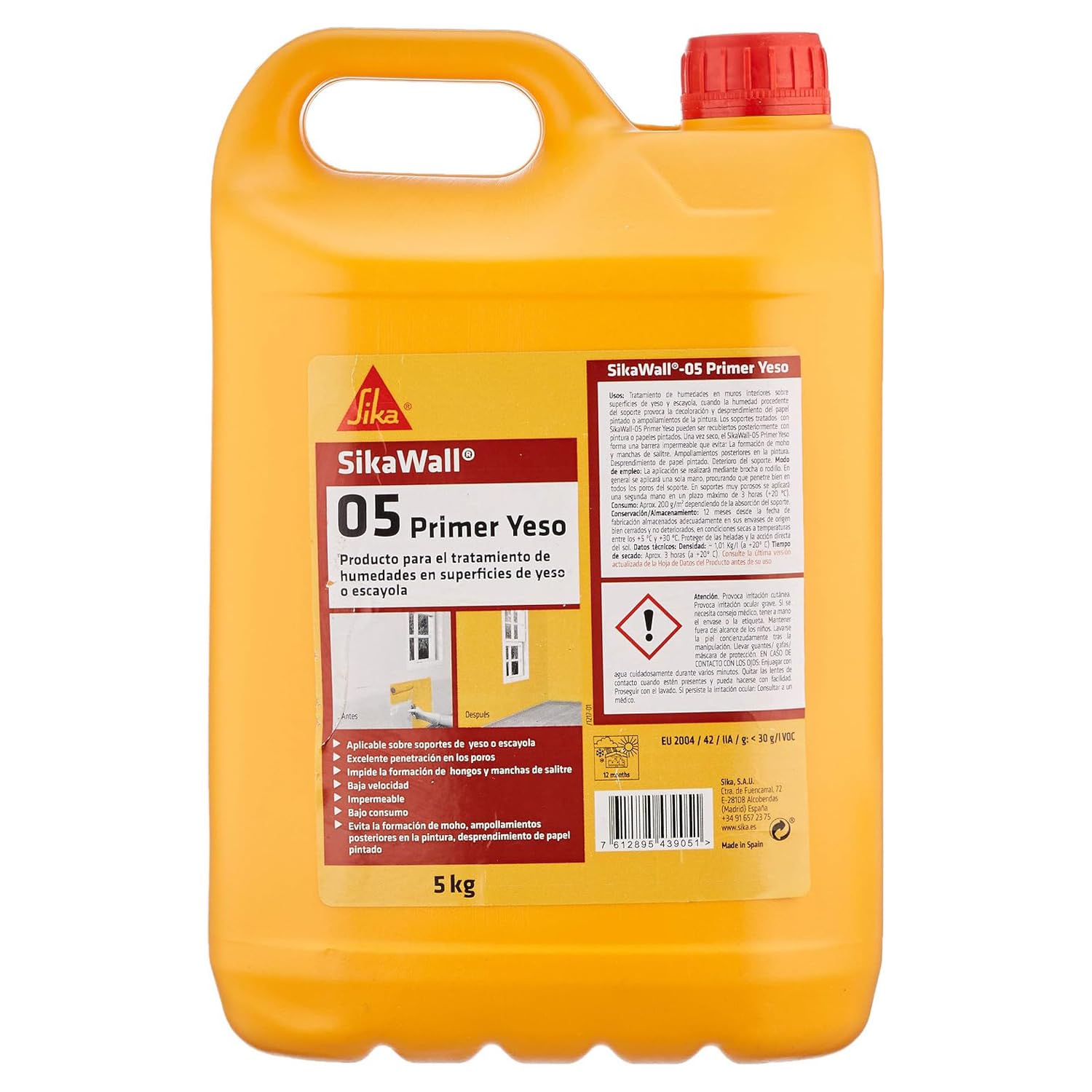 SIKA - Resina acrílica para yeso - SikaWall-05 Yeso - Blanco - 5kg | Para tratamiento de humedades en yeso - Lista para usar - Aplicación en muros interiores