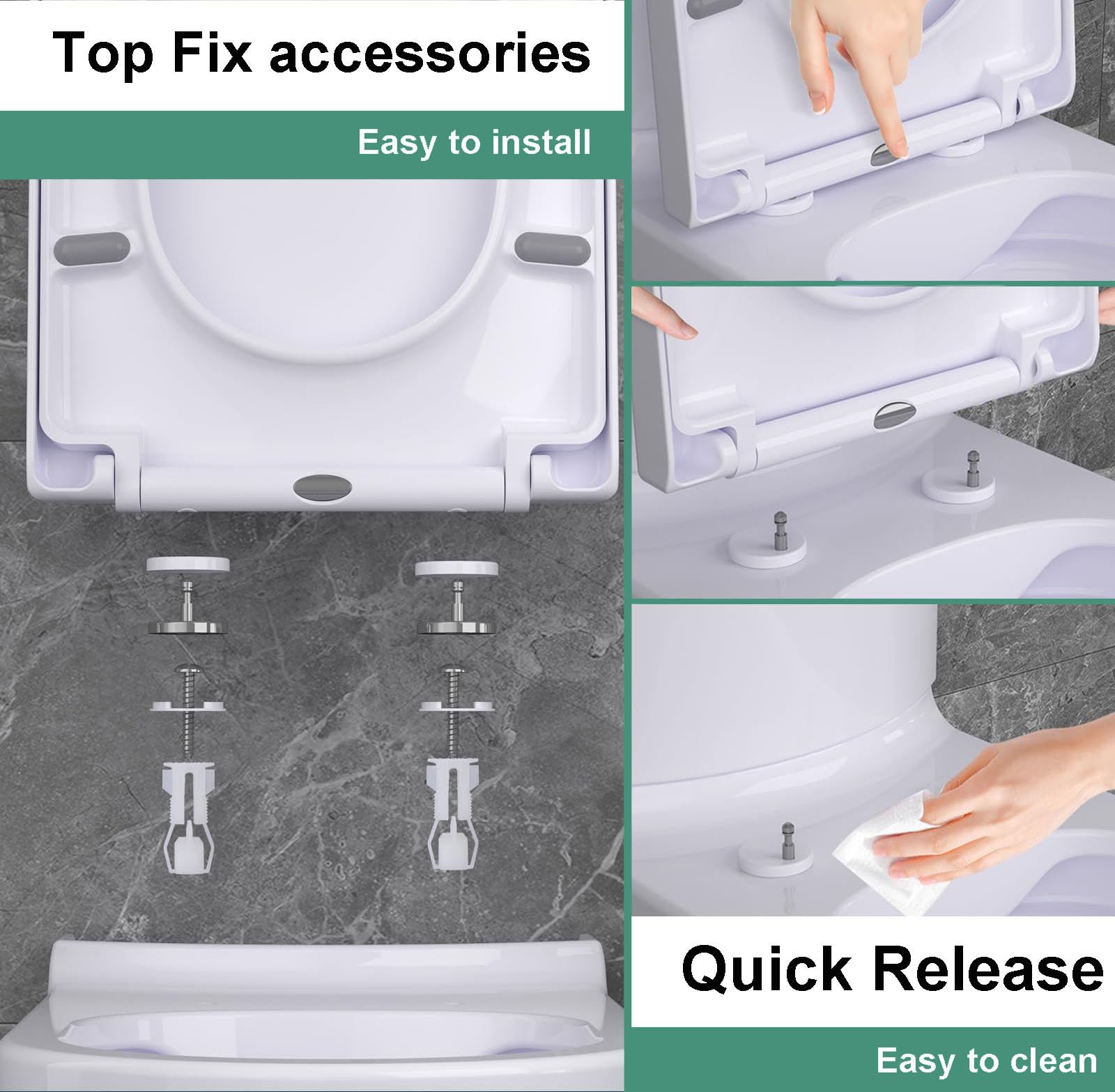 Sedile WC a forma di D, 420 x 340 mm, con chiusura ammortizzata, sgancio rapido, fissaggio superiore, facile installazione, materiale PP standard a forma di D