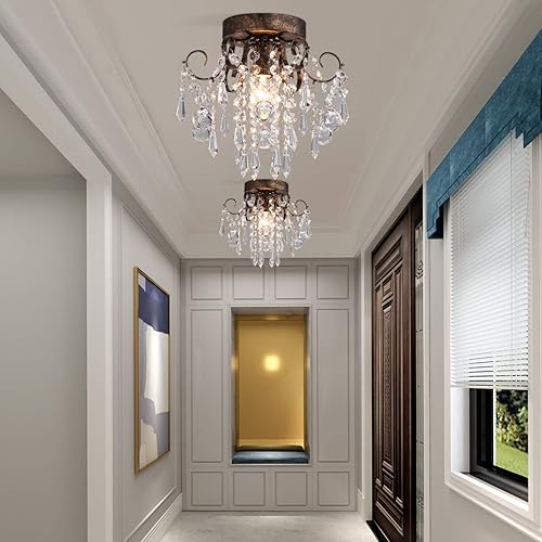 Miniatura 10 de Q&S Lámpara de techo pequeña de cristal con montaje empotrado para pasillo, entrada, dormitorio, cocina, de metal cromado, cristal transparente K9.