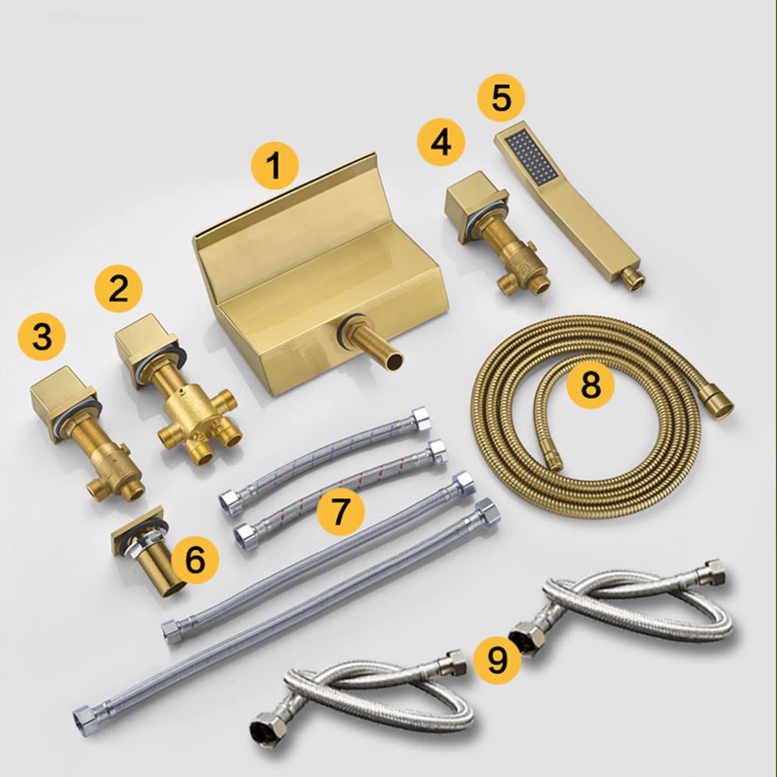 XJTNLB Badewannenarmatur Wasserfall – 5-Loch, Gebürstetes Finish, Mit Handbrause & 1,2 M Schlauch