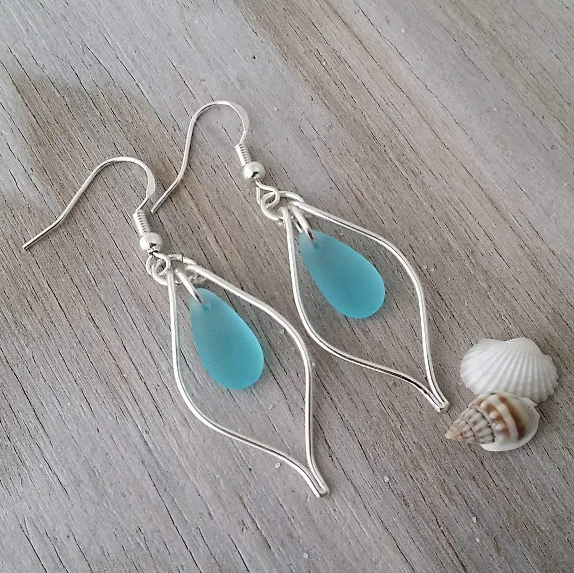 Yinahawaii Handmade Sea Glass Earrings, Hawaiian Jewelry, Wire Loop Turquoise Blue Earrings, Sea Glass Jewelry For Women Birthday Gift (December Birthstone)
