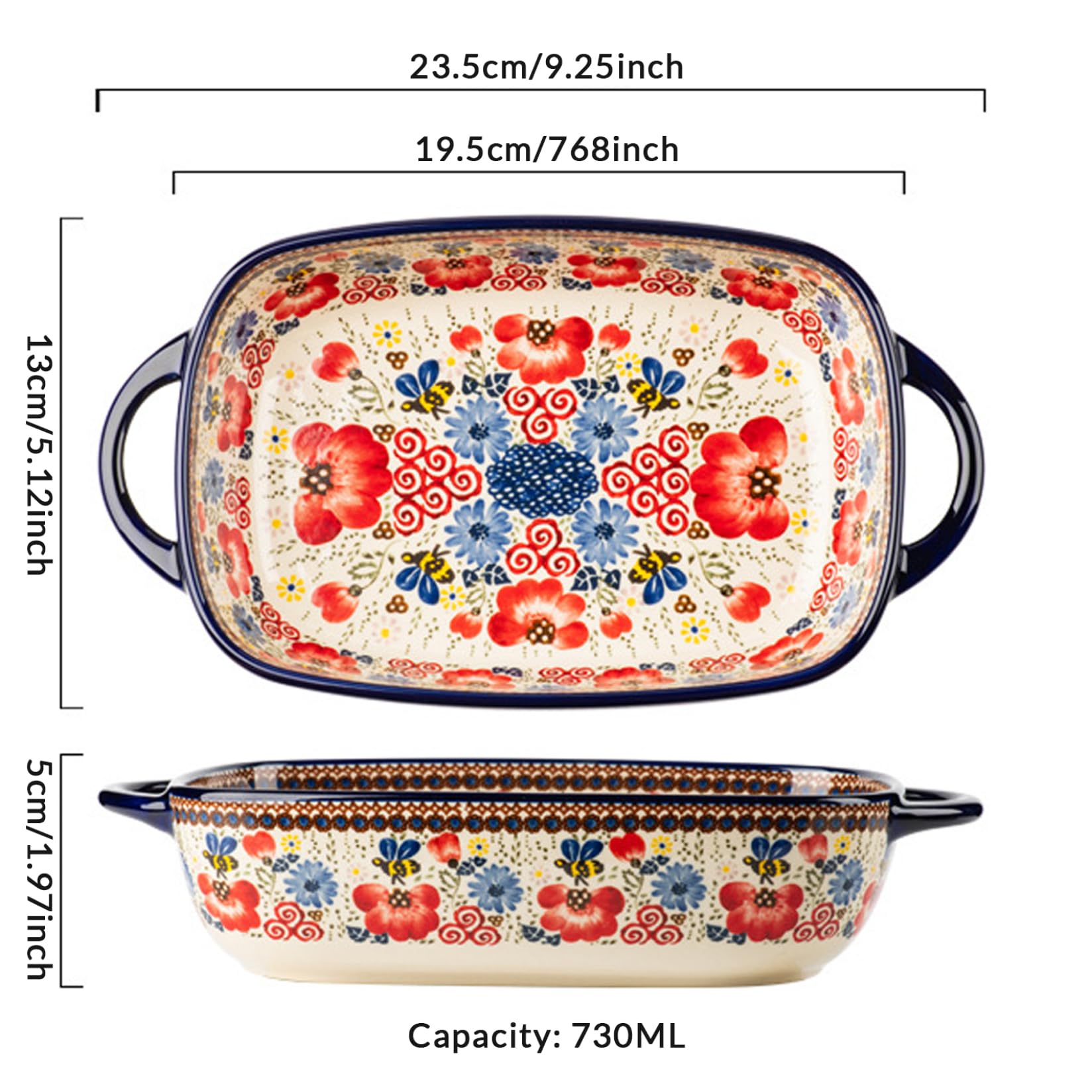 Plato de horno de cerámica, fuente para hornear, 730 ml de plato de horno de cerámica resistente al calor con manijas dobles, plato de lasaña de rectángulo con estampado de flores, platos de cazuela
