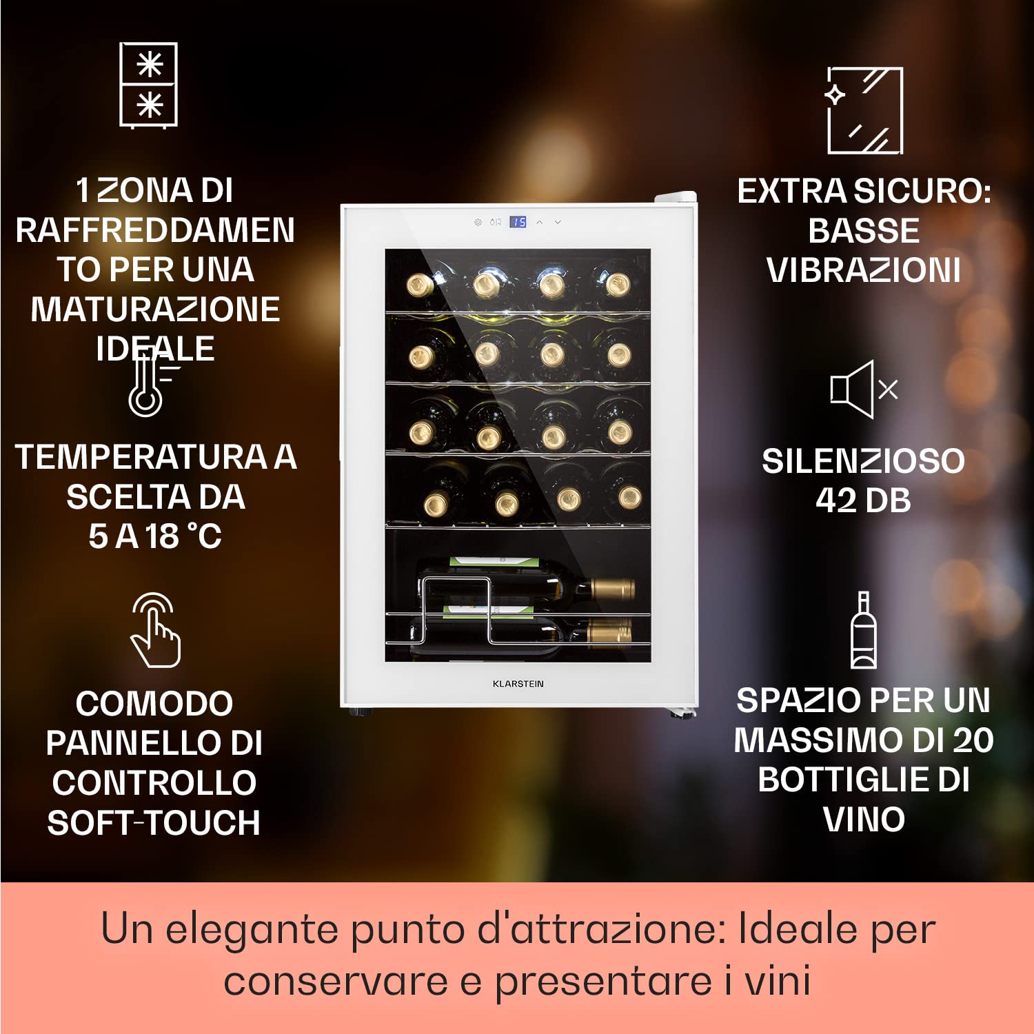 KLARSTEIN Cantinetta Vino Design, Cantinetta Vino Refrigerata a Zona Singola per Vino Rosso, Bianco e Birra, Controlli Touch, Frigo Vino Cantinetta per Esterno/Interno, 5-18°C, 53L, 20 Bottiglie