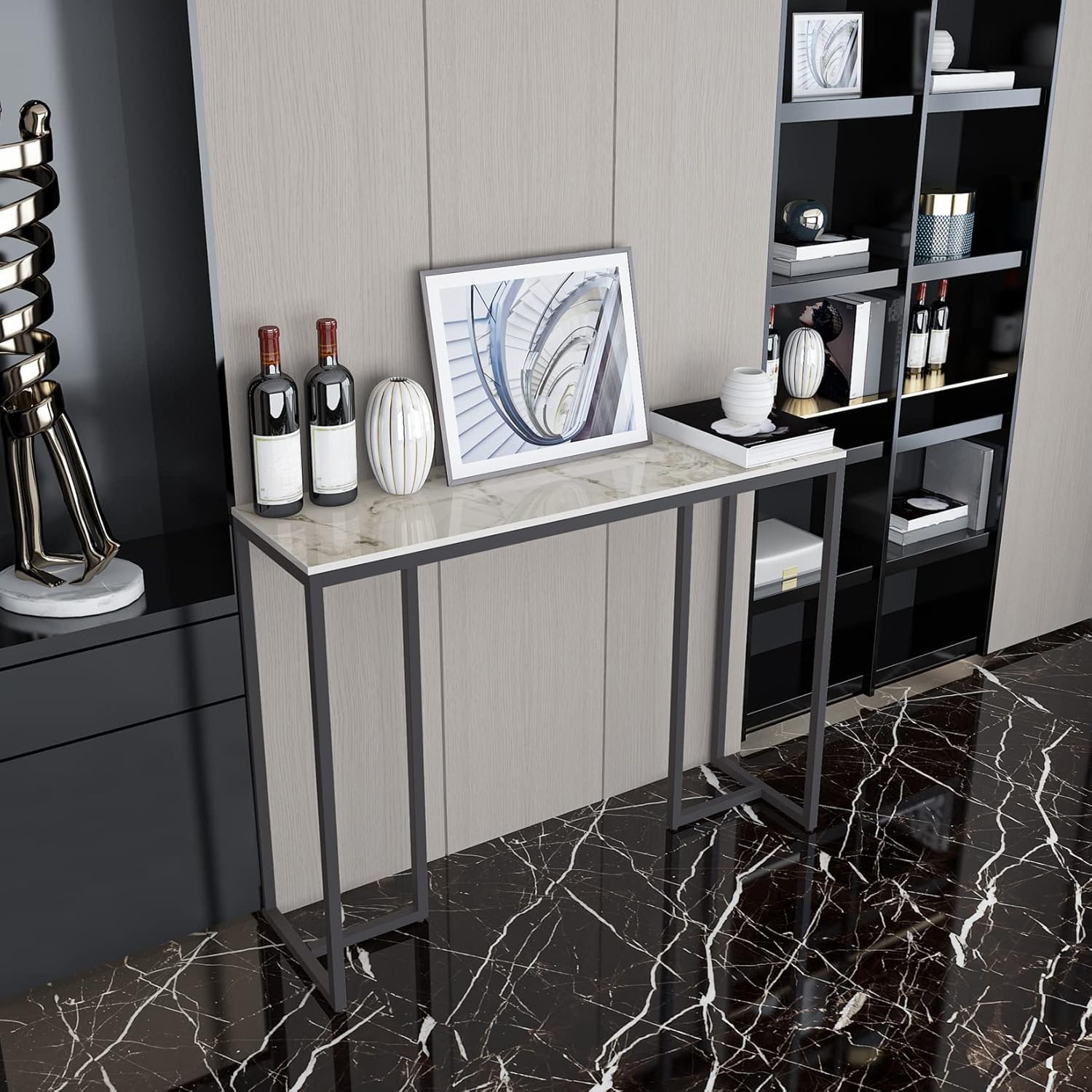 FATIVO Consola Mesa Marmol Recibidor Entrada: Mueble Auxiliar Estrecha Nórtico para Pasillo Salon Entraditas de Patas Hierros Rusticas 100x30x78,5 cm