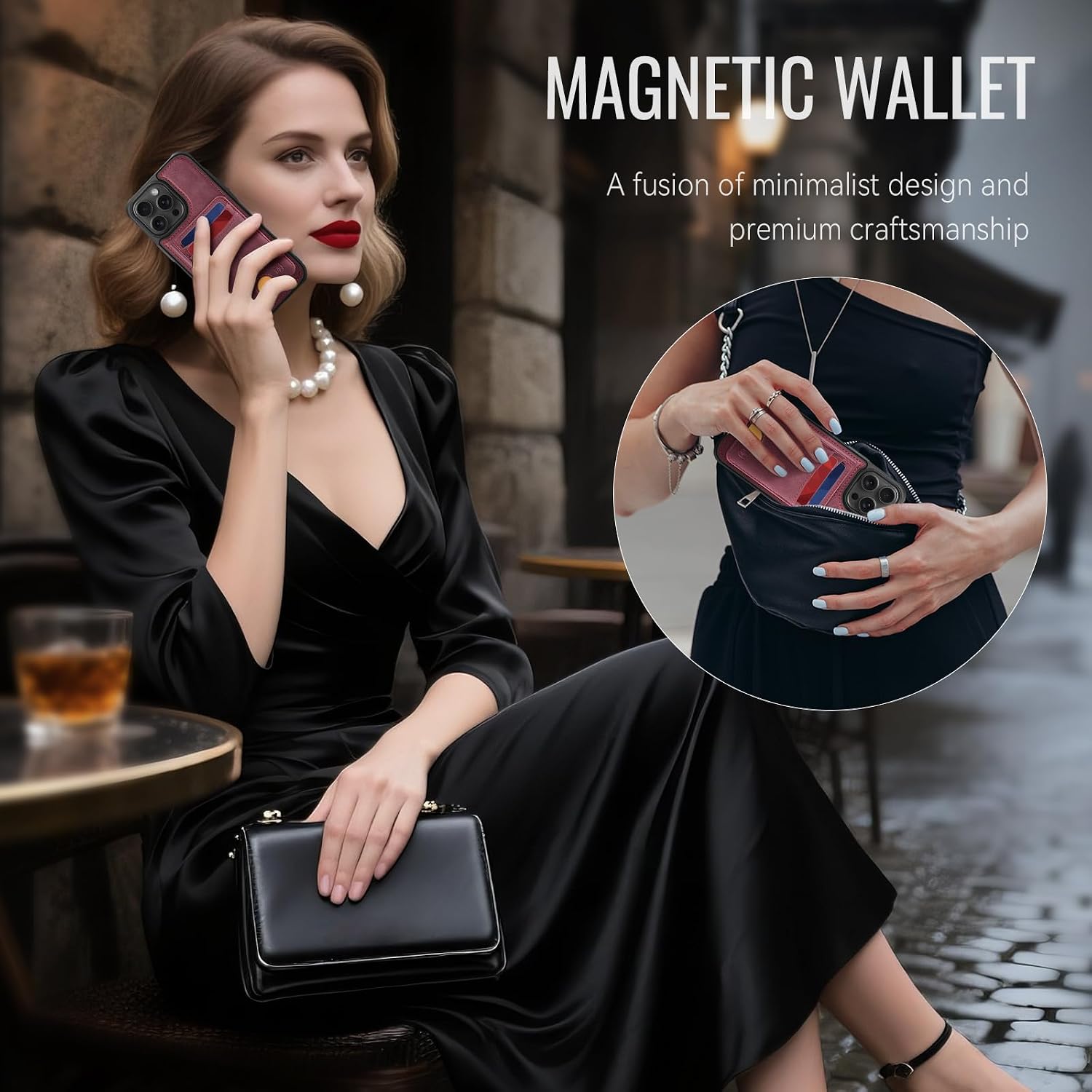 for iPhone 15 Pro Max Wallet Case Compatible with Magsafe, RFID Blocking Magnetic Card Holder Detachable Kickstand Detachable Shockproof Phone Cover, Burgundy