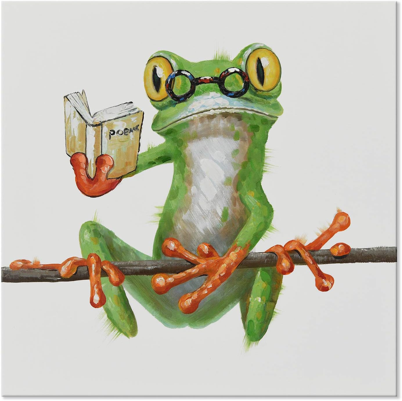 SEVEN WALL ARTS - Modern Animal Frog Painting Cute Frog Reads Book on Branch Picture Painting with Stretched Frame Wall Art for Living Room Ready to Hang 24 x 24 Inch