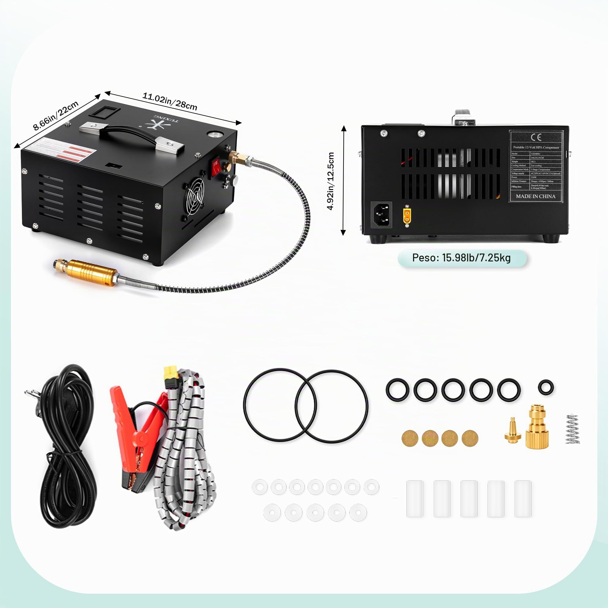 Compressore d'aria TUXING 4500Psi Pcp | Senza olio/acqua | Alimentato da auto 12V DC o casa 220V AC con convertitore | Pompa per fucile ad aria PCP, pistole a aria a paintball