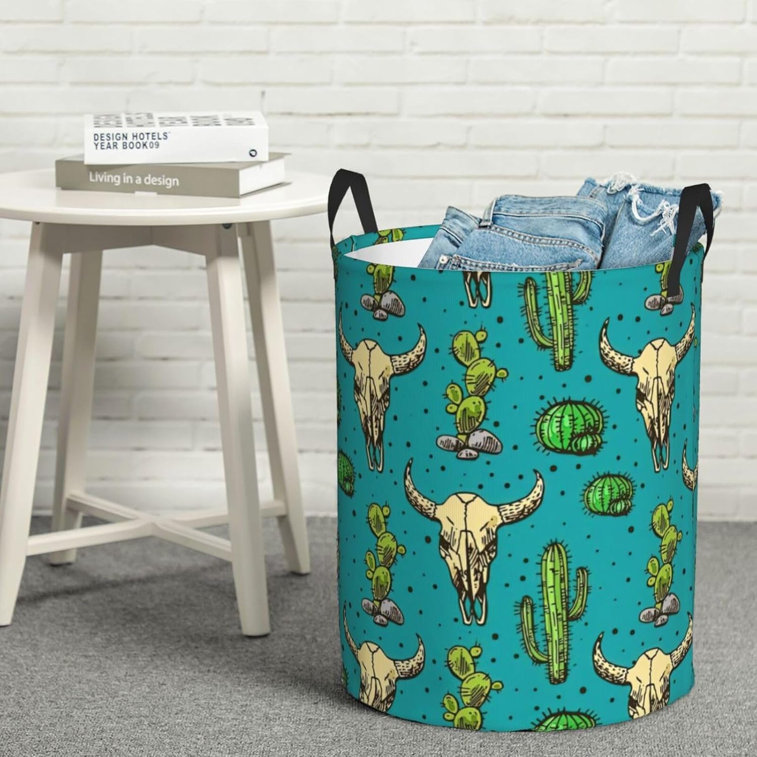 Cute Cactus And Skull Of Bull Print Circular Protable Storage Bin,Basket For Laundry Hamper With Handles Bedroom Clothes