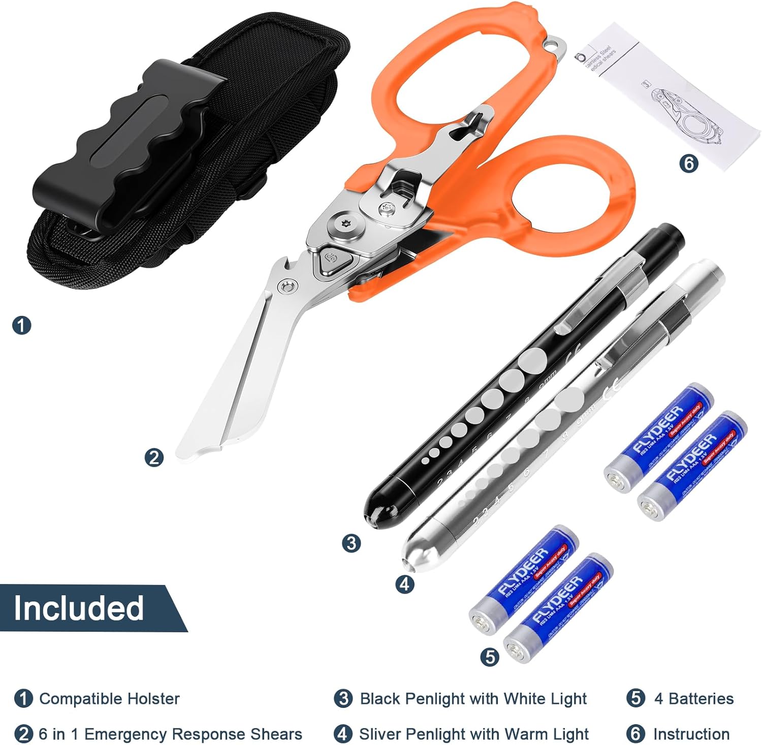 6 In1 Multifunction Emergency Response Shears, Stainless Steel Foldable Trauma Shears with Strap Cutter and Glass Breaker,Medical Scissors with Holster and Penlight Orange