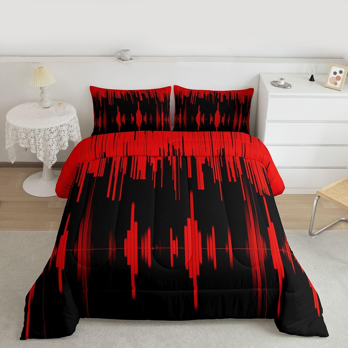 Feelyou Red Black Comforter Set Queen Size Kids Ombre Comforter for Boys Teens Modern Bedding Set Black Duvet Set Room Decor Quilt Set