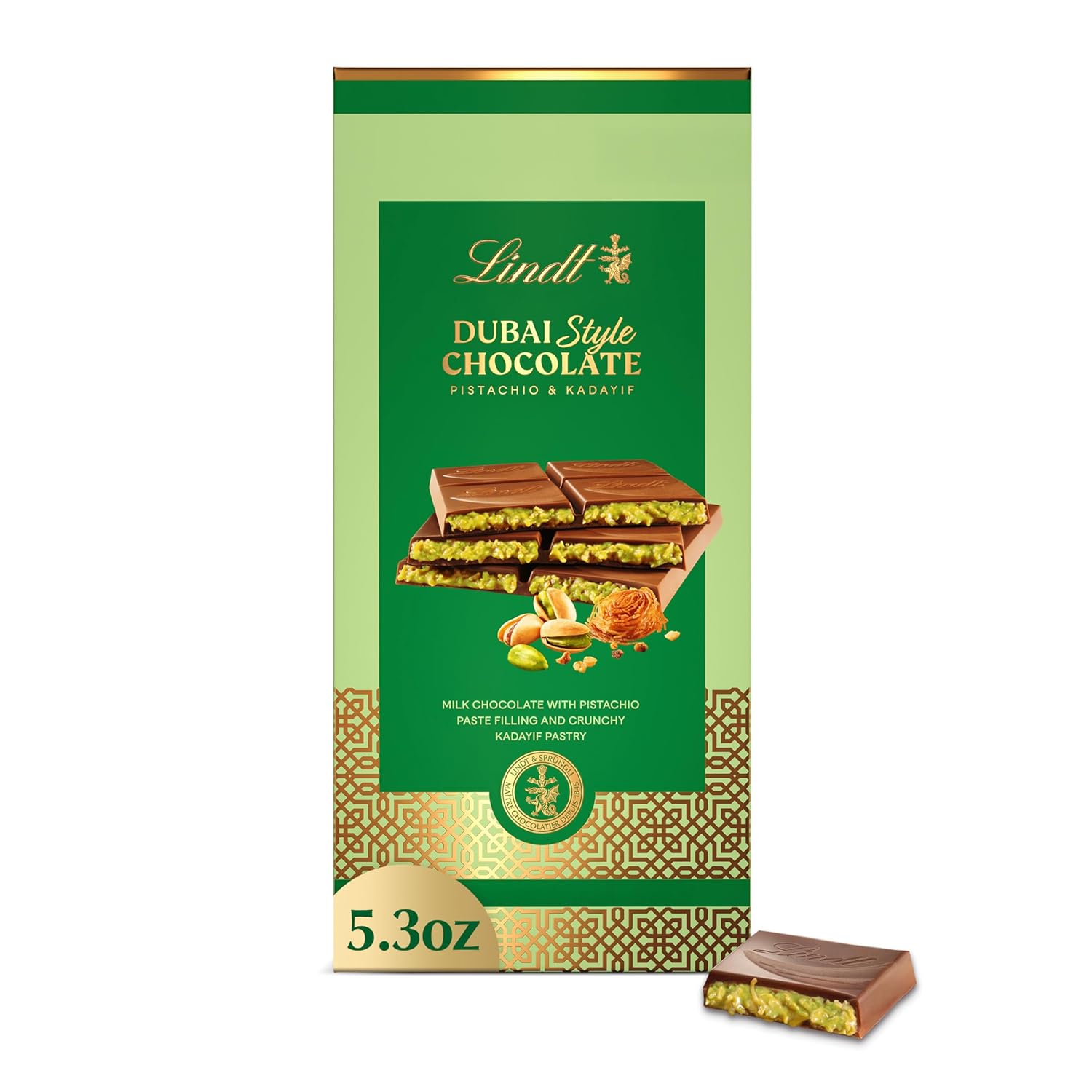 Lindt Dubai Style Milk Chocolate Candy with Pistachio & Kadayif, 5.3 oz. Bar