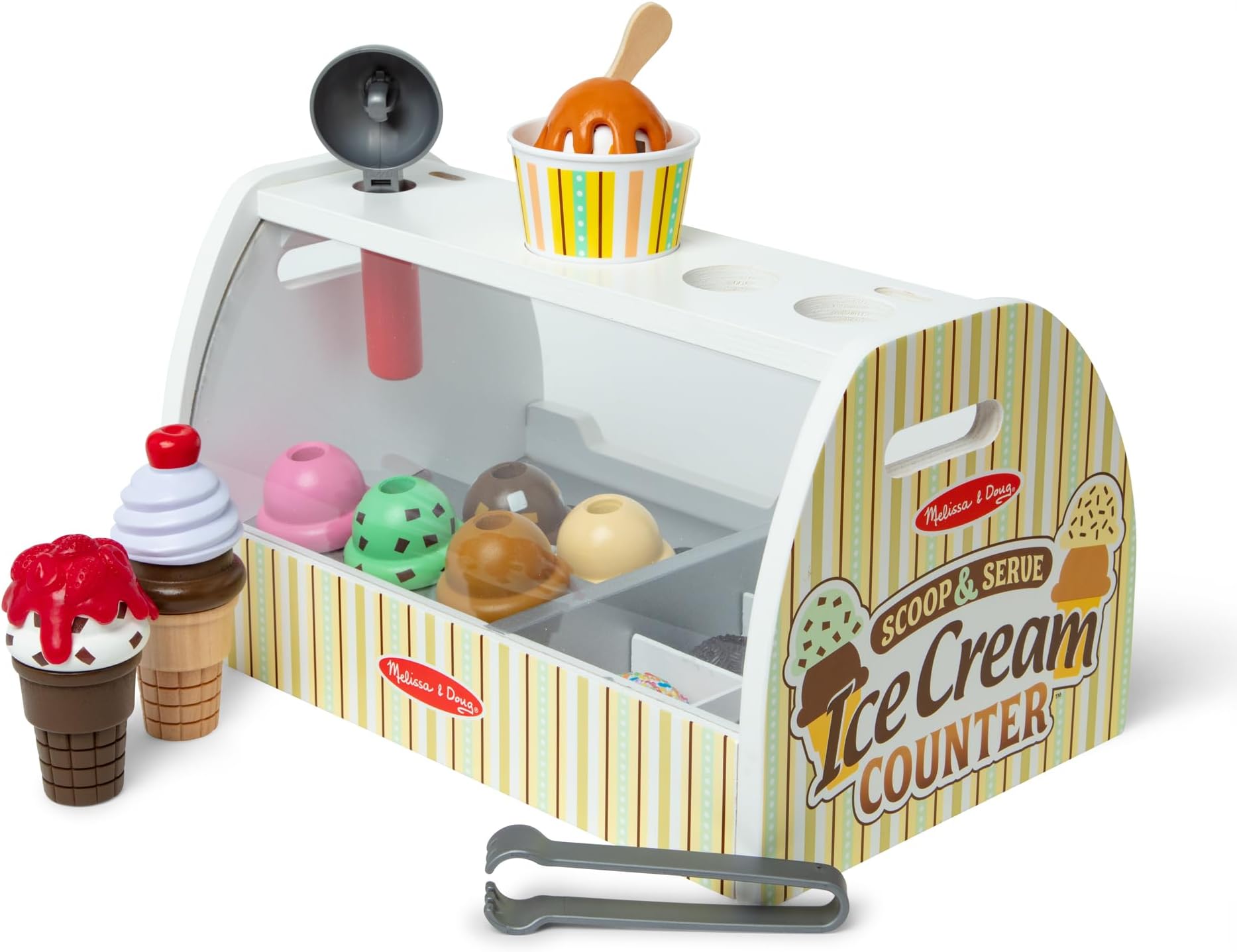 wooden scoop and serve ice cream counter (28 pcs) - play food and accessories- Multi color