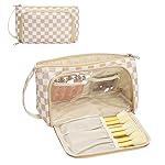 Checkered Makeup Bag Travel Cosmetic Toiletry Bag Make Up Bags with Makeup Brush Organizer Compartments for Women Girls