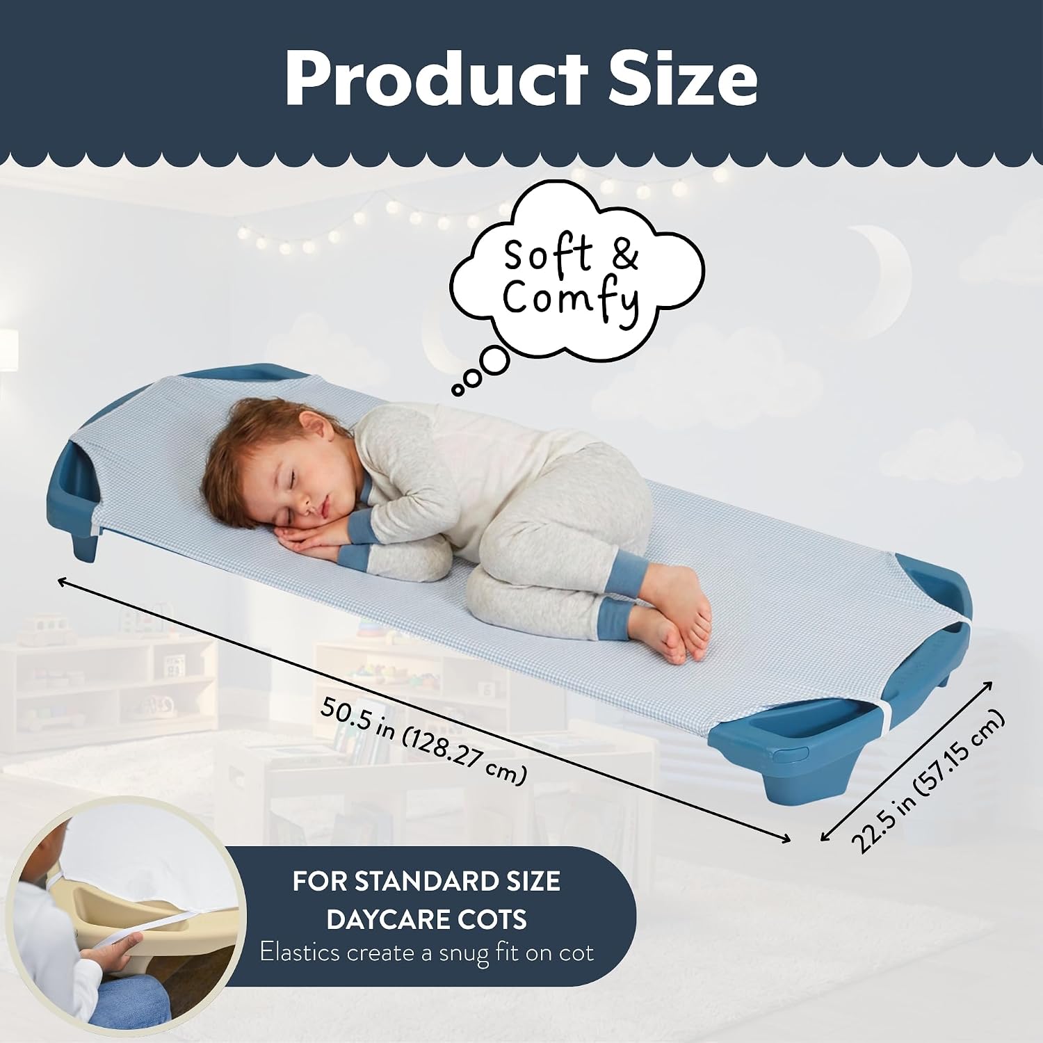 Children's Factory Cot Sheets for Daycare, Standard Size 50.5" x 22.5", Soft Breathable Fitted Sheets, Daycare Essentials, Gingham, Set of 4
