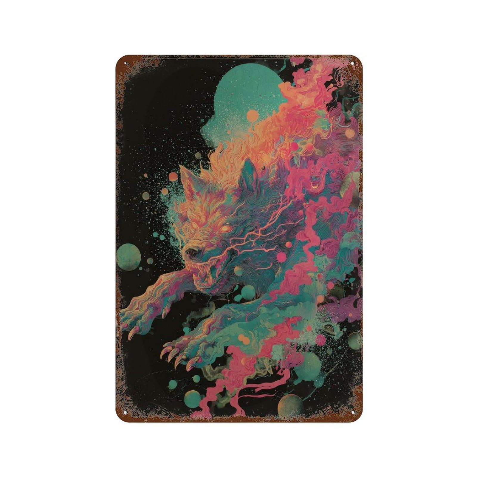 xiaoxiaoshen Fiery Wolf. Psychedelic Surreal Wall Decor Art Metal Tin Poster Modern Home Decor Art Home Bar Shop Decorations Vintage Sign 30x20cm
