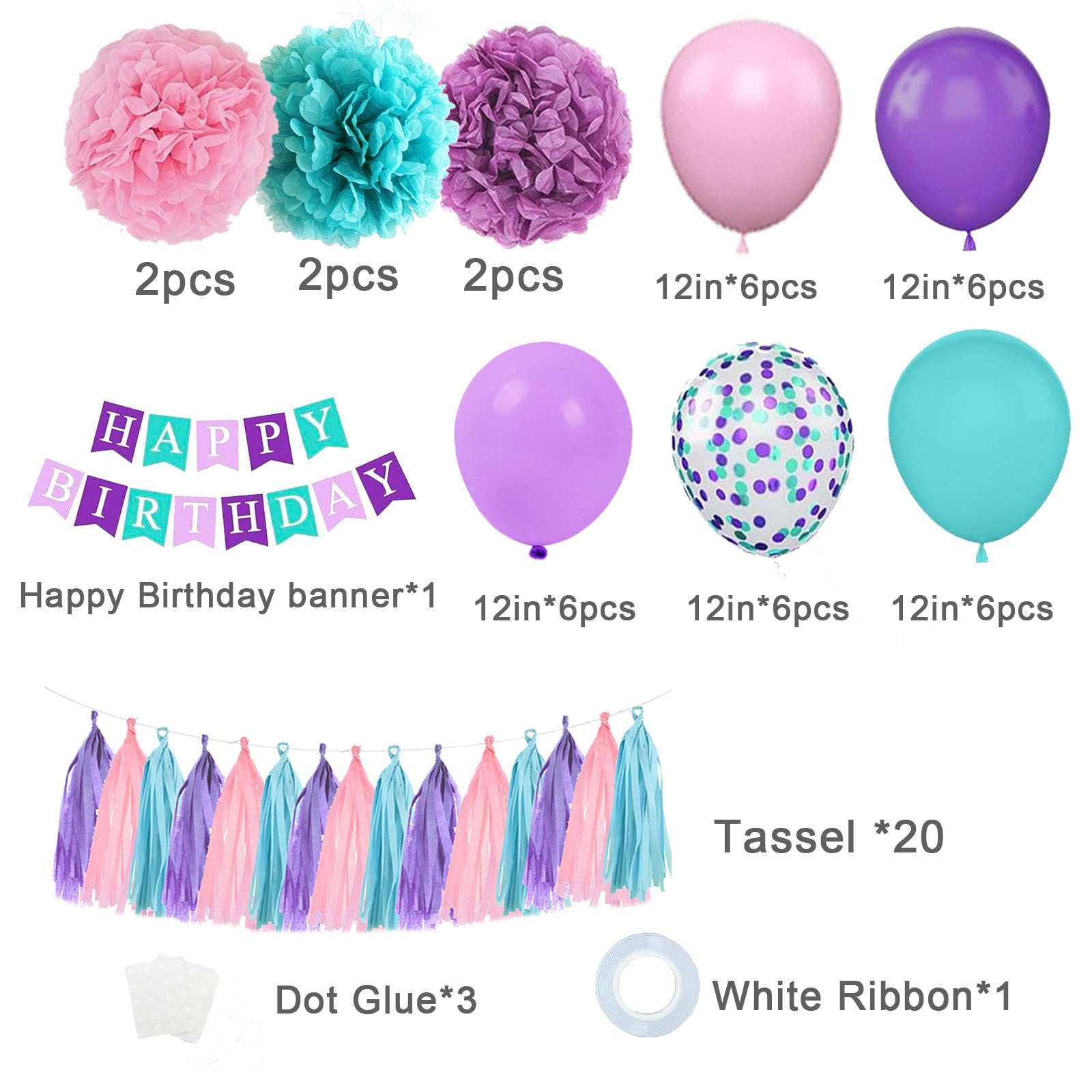 Decoraciones de cumpleaños verde azulado, morado, rosa, decoración de fiesta de cumpleaños de sirena para niñas y mujeres con pompones, borlas y globos