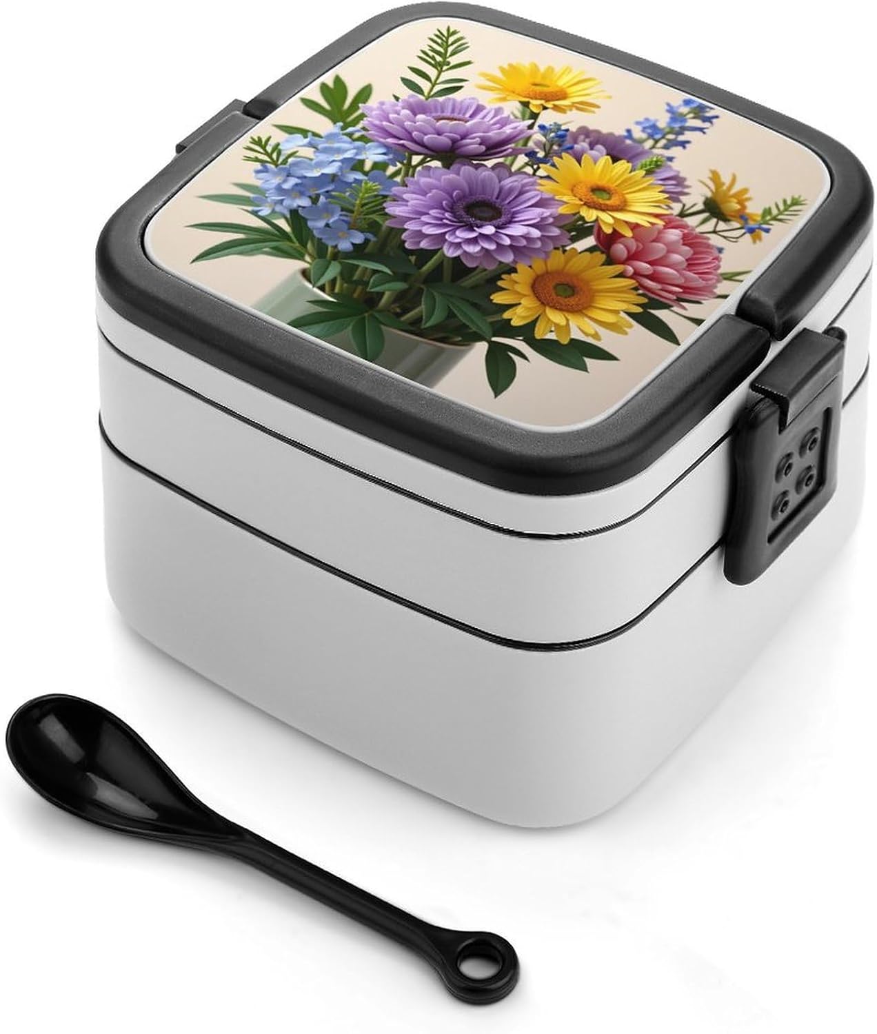 Unique Multicolored Floral Bento Lunch Box with Spoon, Double Layer Leakproof Food Container 1000ml