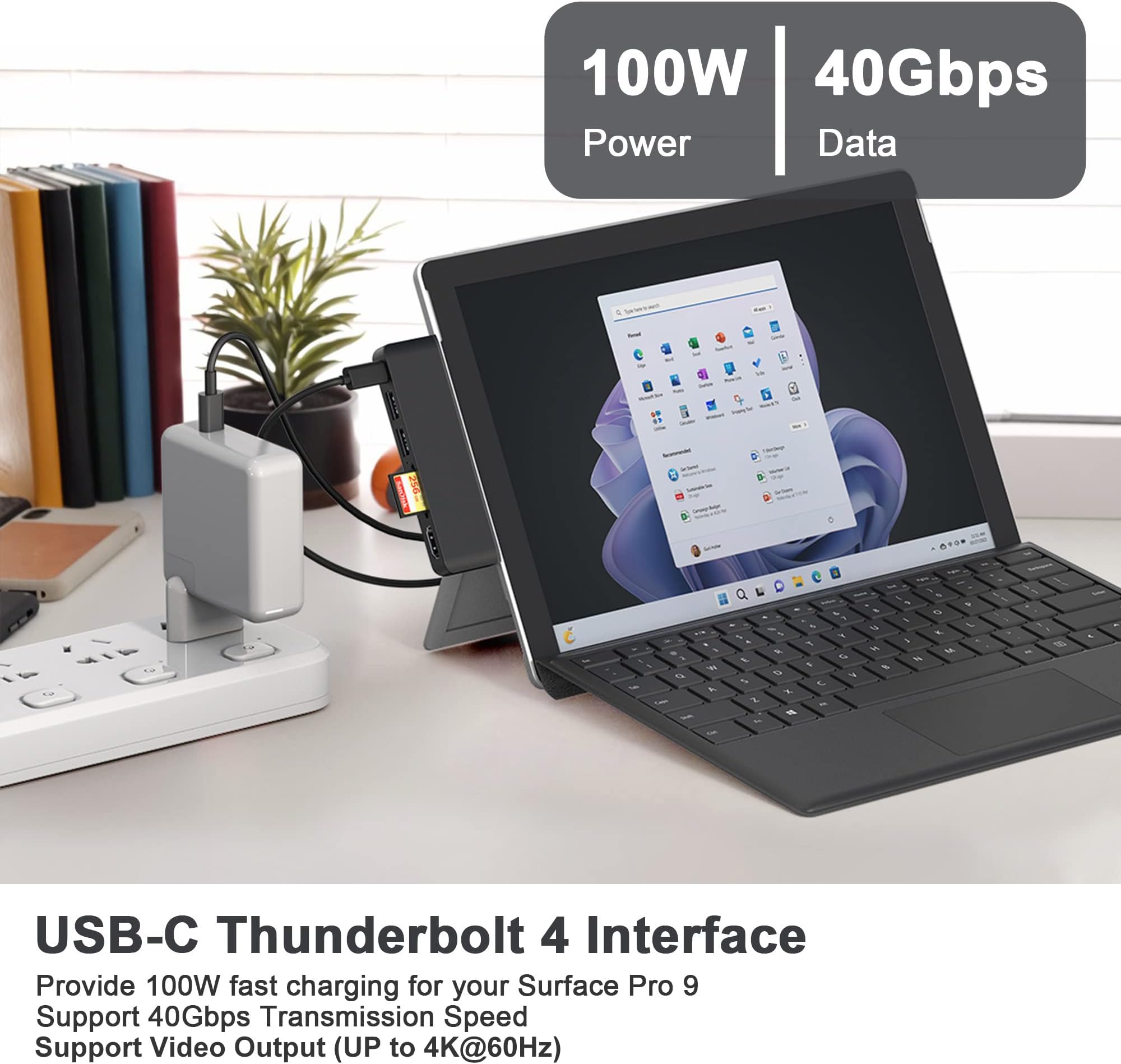 Yeemie Pro Surface 9 Hub Docking Station Multi Port 6-in-2 with Thunerbolt4 USBC 4K Display 40Gbps Data PD Charging | HDMI | USB3.0 | microSD TF SD Card Reader for Microsoft Surface X|8|9 Black
