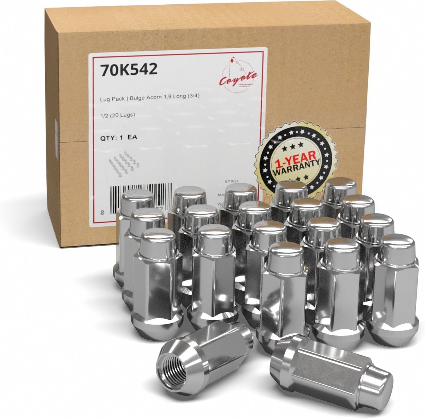 Wheel Accessories Parts 20 Pcs 1/2"-20 Thread Bulge Acorn 1.90" Long Lug Nuts Chrome 3/4" 19mm Hex Fits Chevy C10 K10 GMC C15 C1500 1994-2001 Dodge Ram 1500 Ramcharger 1975-96 Ford F100 F150