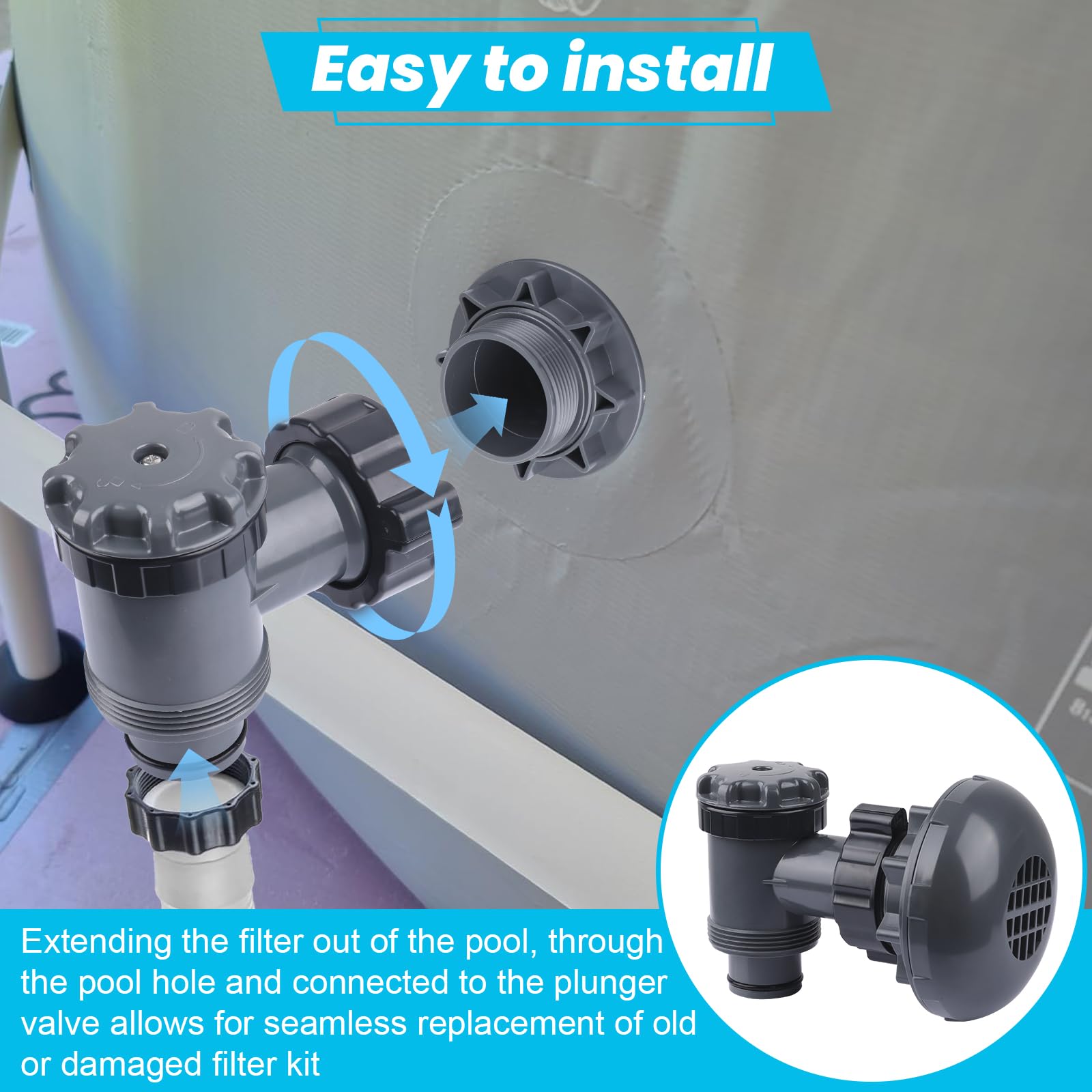 XT Válvula de émbolo de encendido/apagado con colador para bomba de filtro de piscina sobre el suelo | Fácil ajuste, compatible con Intex, compatible con Coleman, juego de marcos y piscinas Ultra Frame