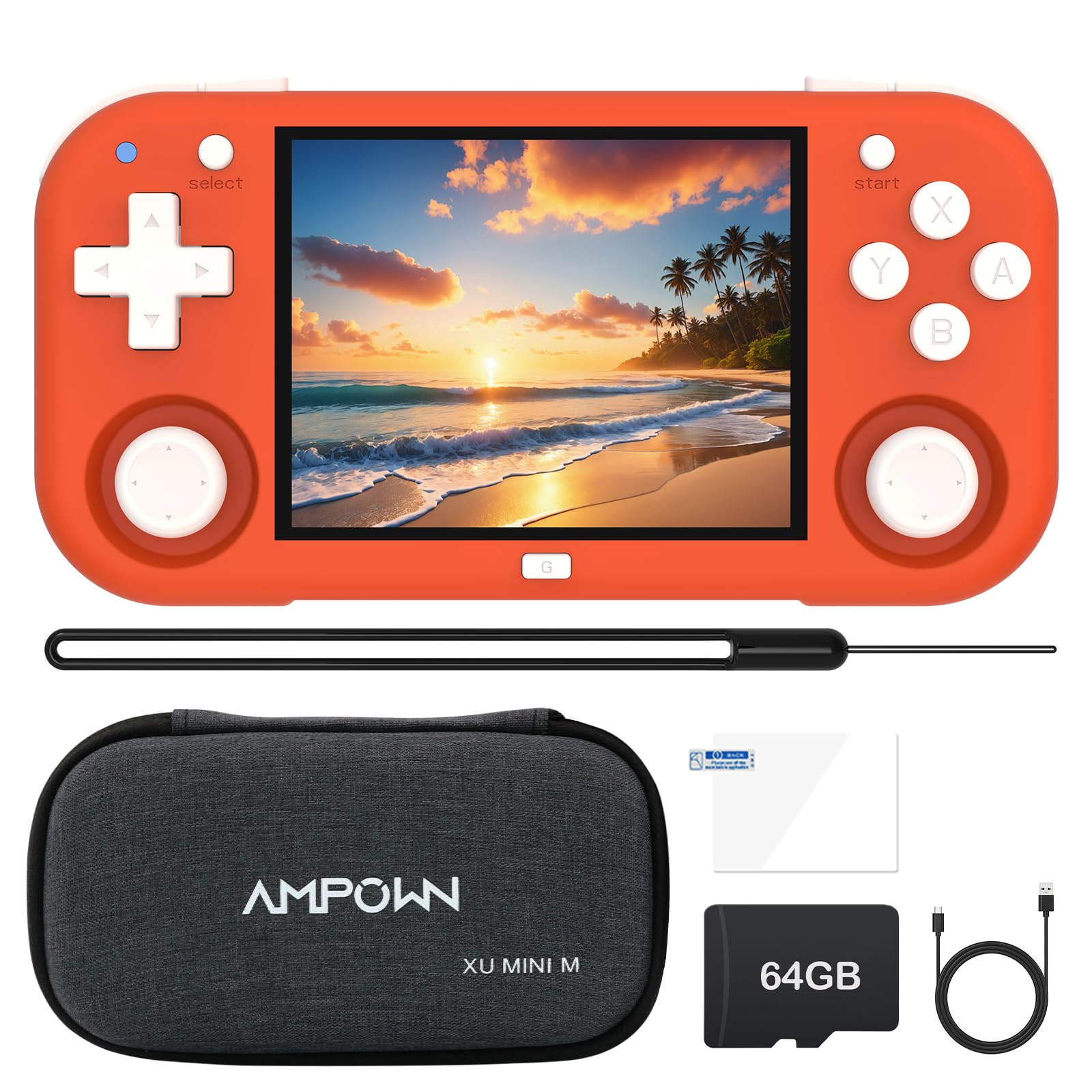 XU Mini M - Consolas de juegos de mano retro, pantalla IPS de 2.8 pulgadas, tarjeta TF de 64 G integrada, con batería de 2600 mAh, duración de 6 horas, color naranja