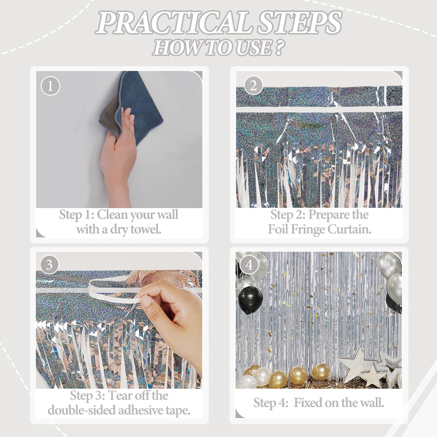 DECOCKRAT 3 Pack Foil Fringe Backdrop - Laser Silver Shiny Tinsel Curtains for Party Decoration/Photo Booth Props - 3.3x8.2 FT Metallic Foil Backdrop for Birthday, Wedding, Graduation, Christmas.