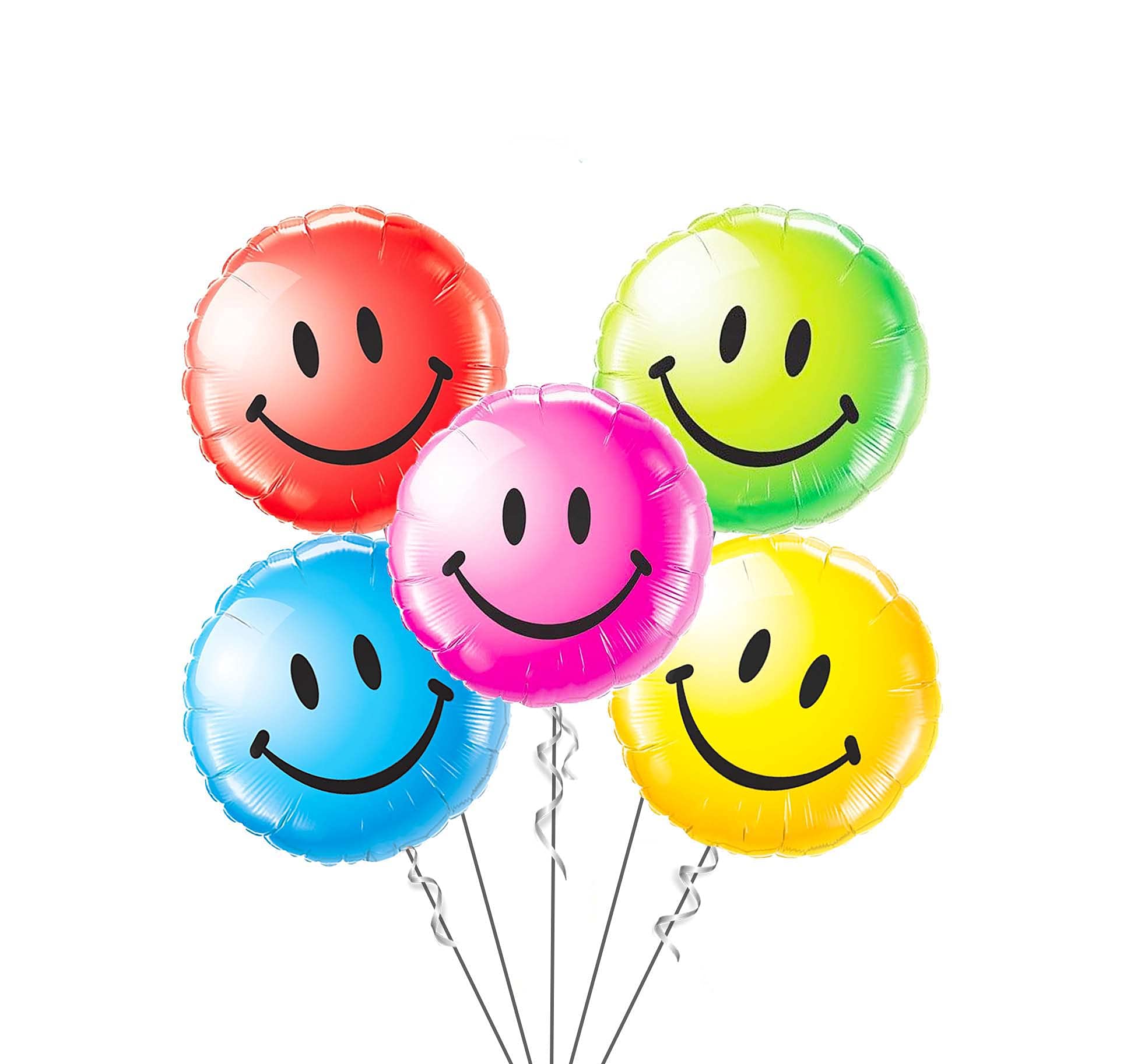 PARTY TIME - 5 Pieces Smileys Shiny Face Foil Balloon Sets for Birthdays, Themed Parties, Events and All kind of Gatherings (Multicolor)