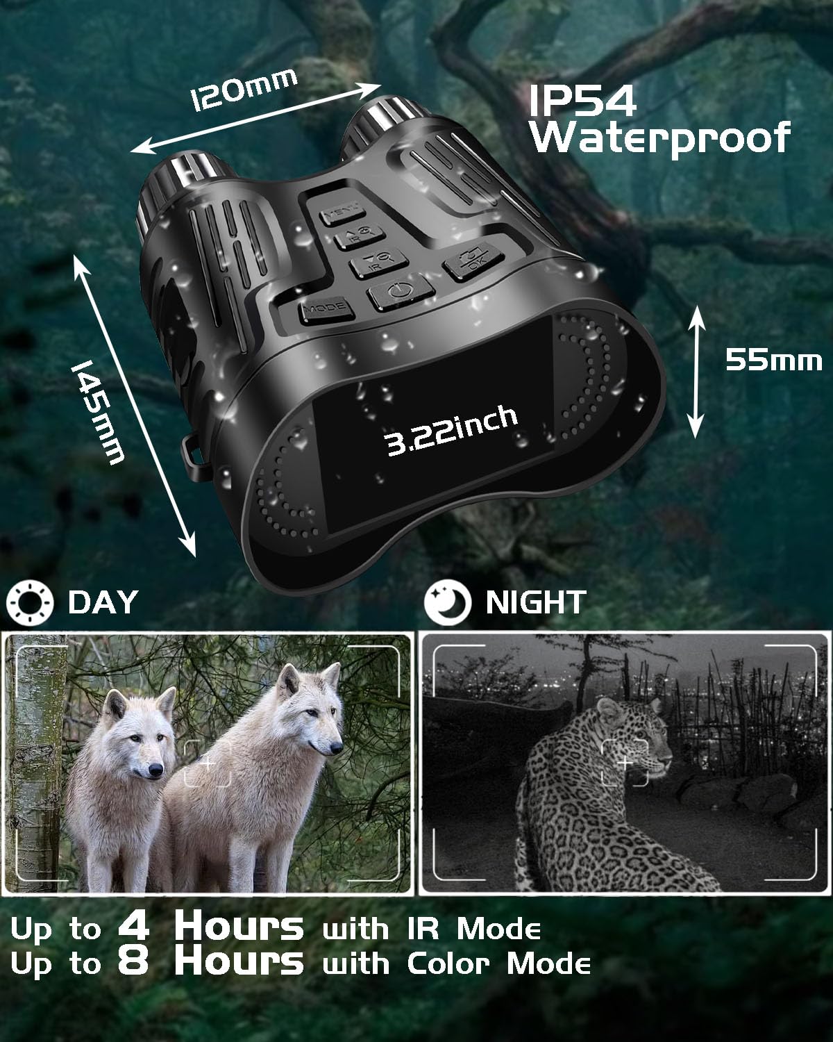 Gafas de visión nocturna, prismáticos de visión nocturna 4K con pantalla HD de 3.2 pulgadas, zoom digital 8X, infrarrojos de 7 niveles, tarjeta TF de 32 GB que puede almacenar fotos y videos para