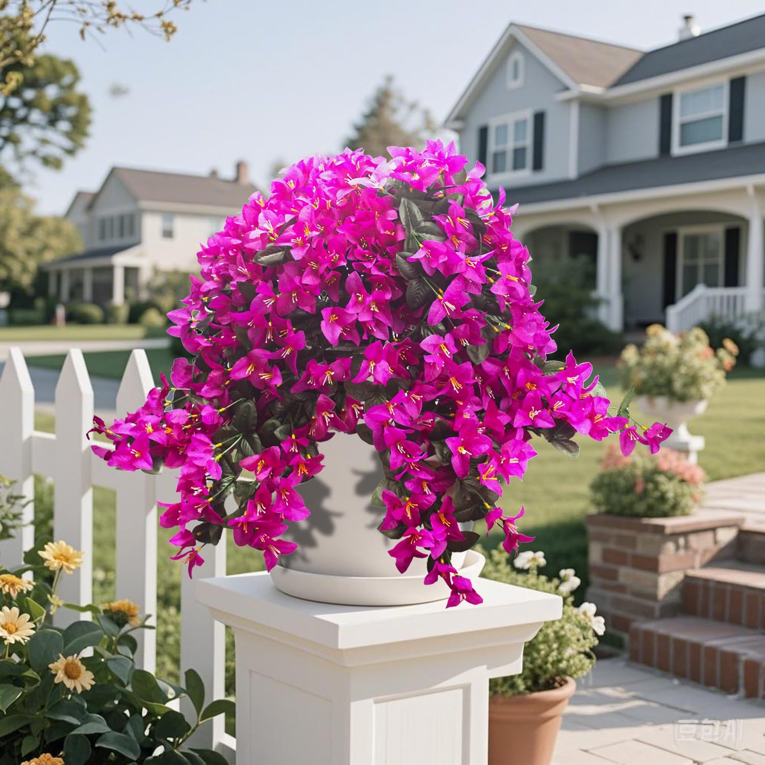 Grunyia Artificial Bougainvillea Flowers Outdoor UV Resistant, 4 Pcs Fake Silk Trailing Vines Realistic Faux Hanging Plants for Porch Patio Garden (Fuchsia)