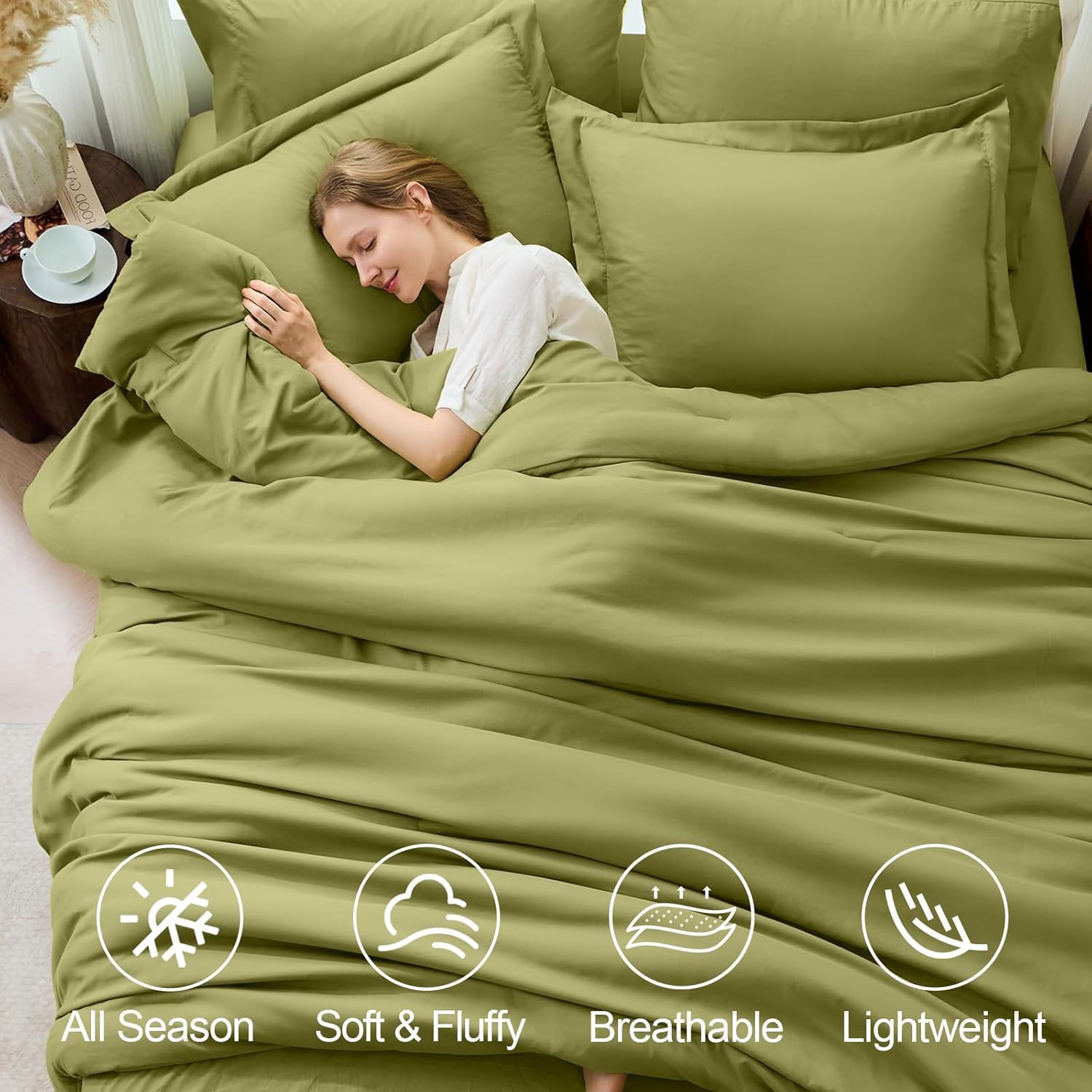 FUANNA Queen Comforter Set Olive Green, 7 Pieces Soft Bedding Sets Queen Size, All Season Lightweight Bed in a Bag with Comforter, Flat Sheet, Fitted Sheet, Pillowcases & Shams - Image 2