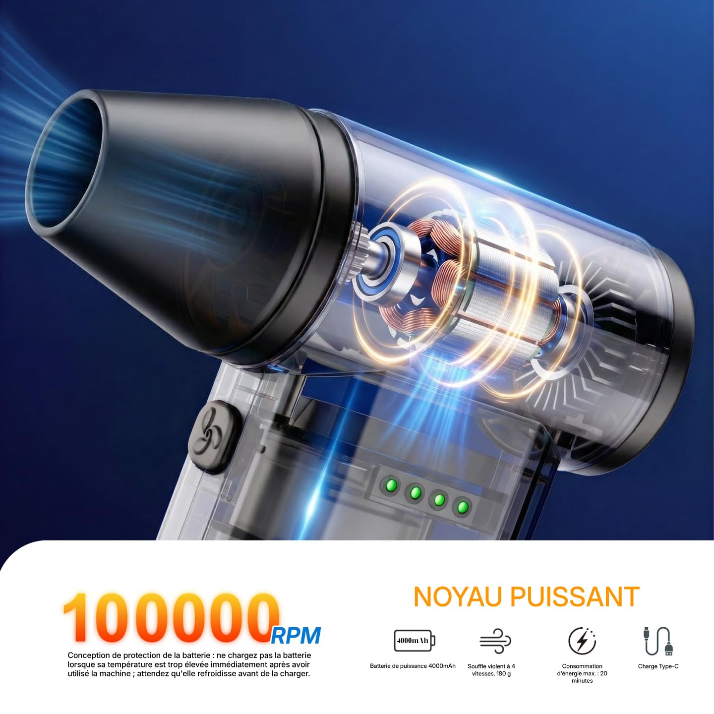 Souffleur d'Air Comprimé Électrique 110000RPM, Nettoyeur Clavier sans Fil, Jet Fan Puissant pour PC, Voiture et Maison, Alternative aux Bombes d'Air Sec, Dépoussiérant Portable Rechargeable (noir)