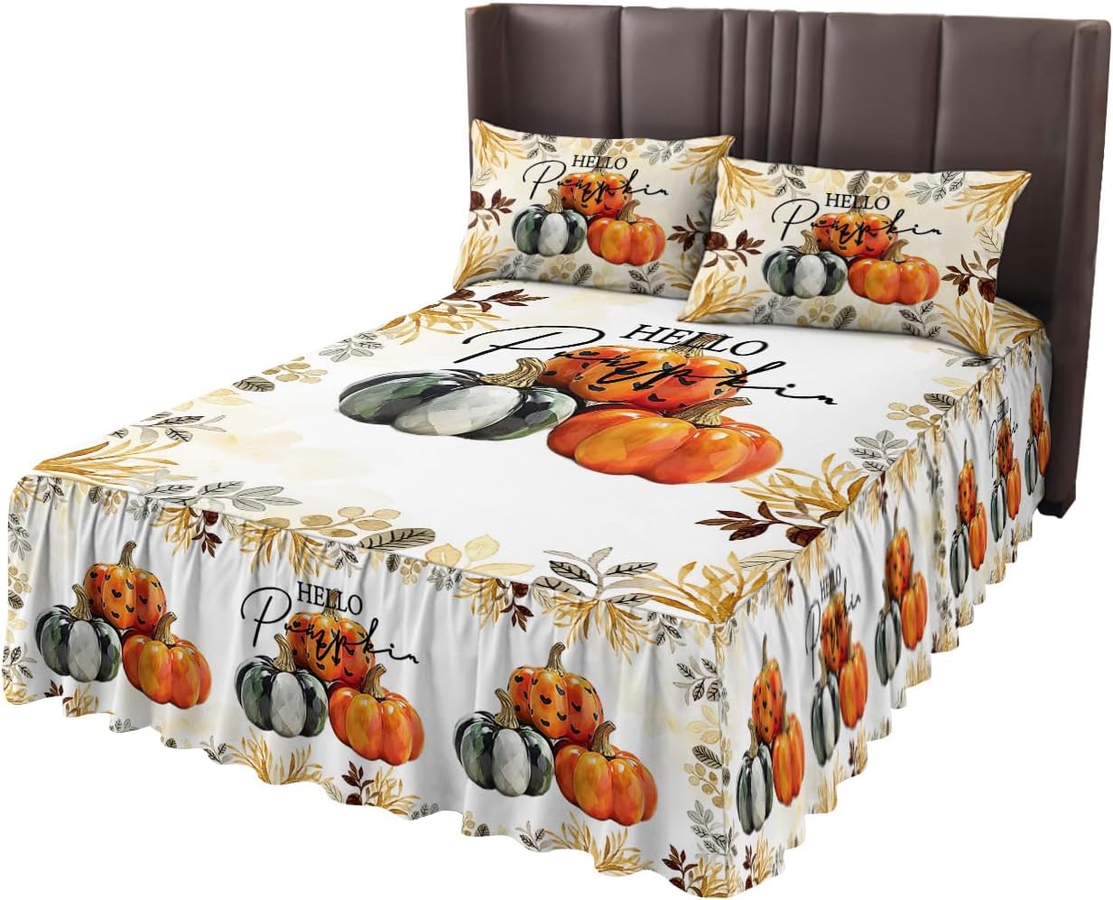 Ruffle Bed Skirt Twin,Fall Thanksgiving Pumpkin Leaves Soft