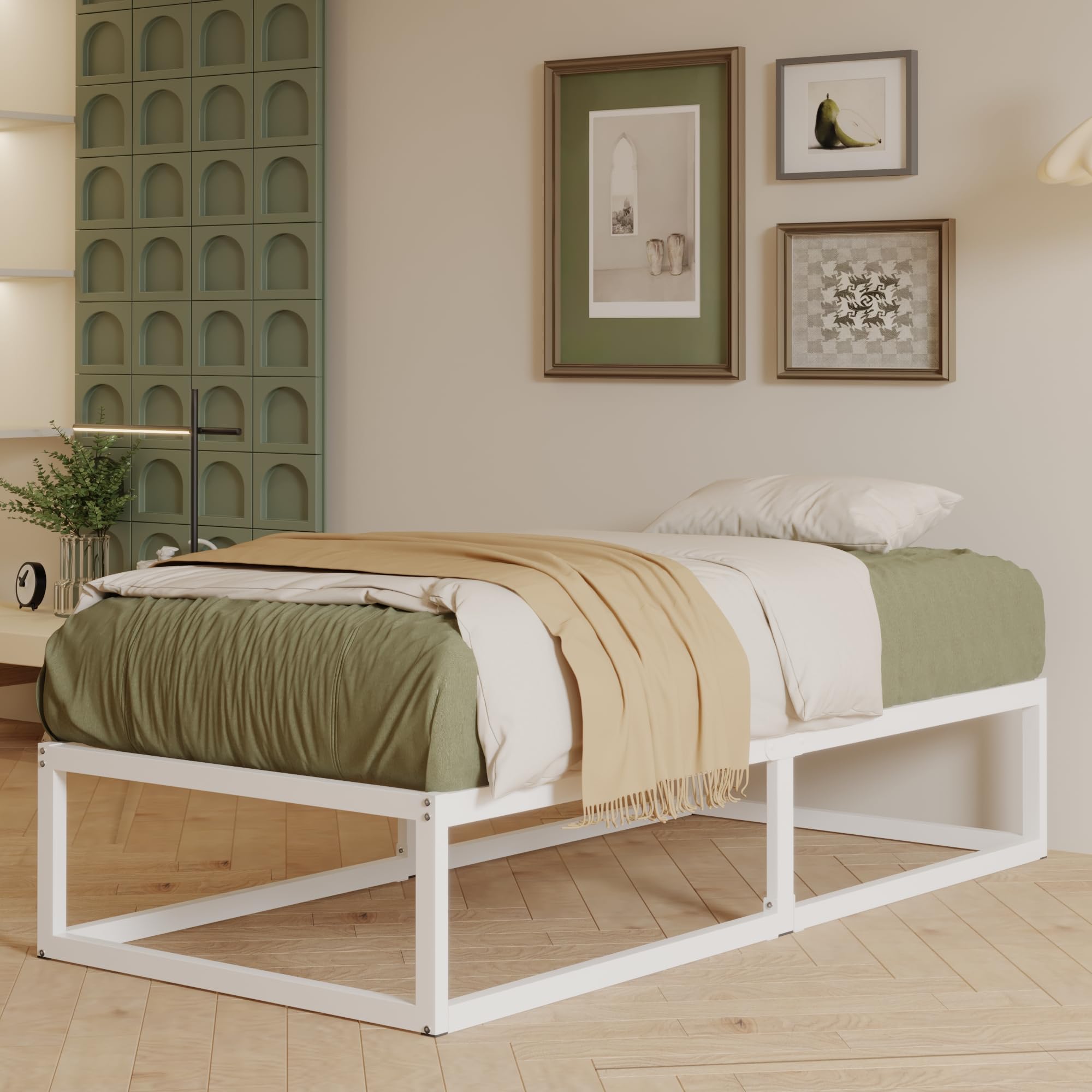 EMODA Metal Bed Frame 90 x 200cm with Steel Slats Support, White