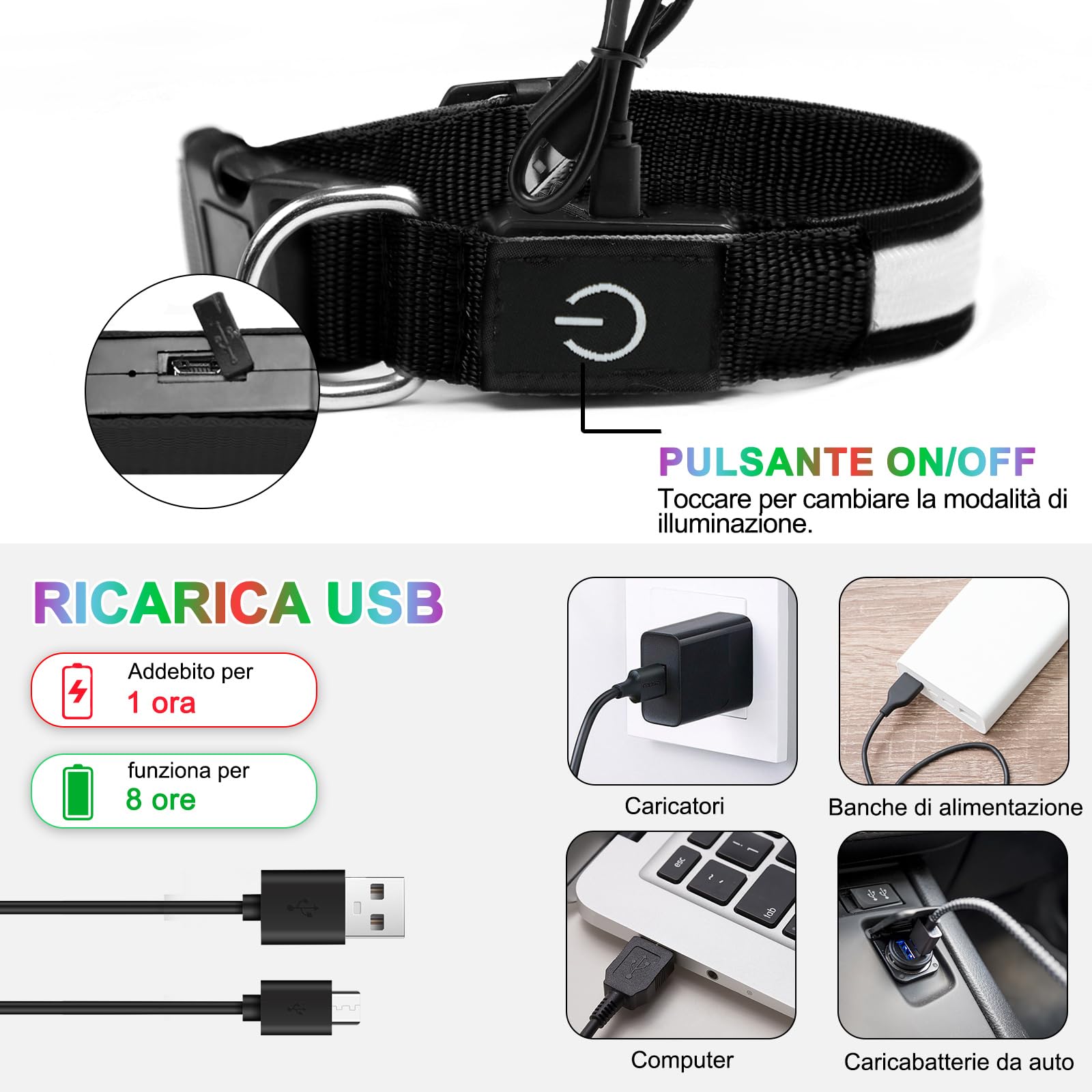 Nepfaivy Collare Luminoso per Cani Ricaricabile - Collare per Cani a Led con Lunghezza Regolabile, 3 Modalità di Illuminazione per la Sicurezza Notturna, Nero