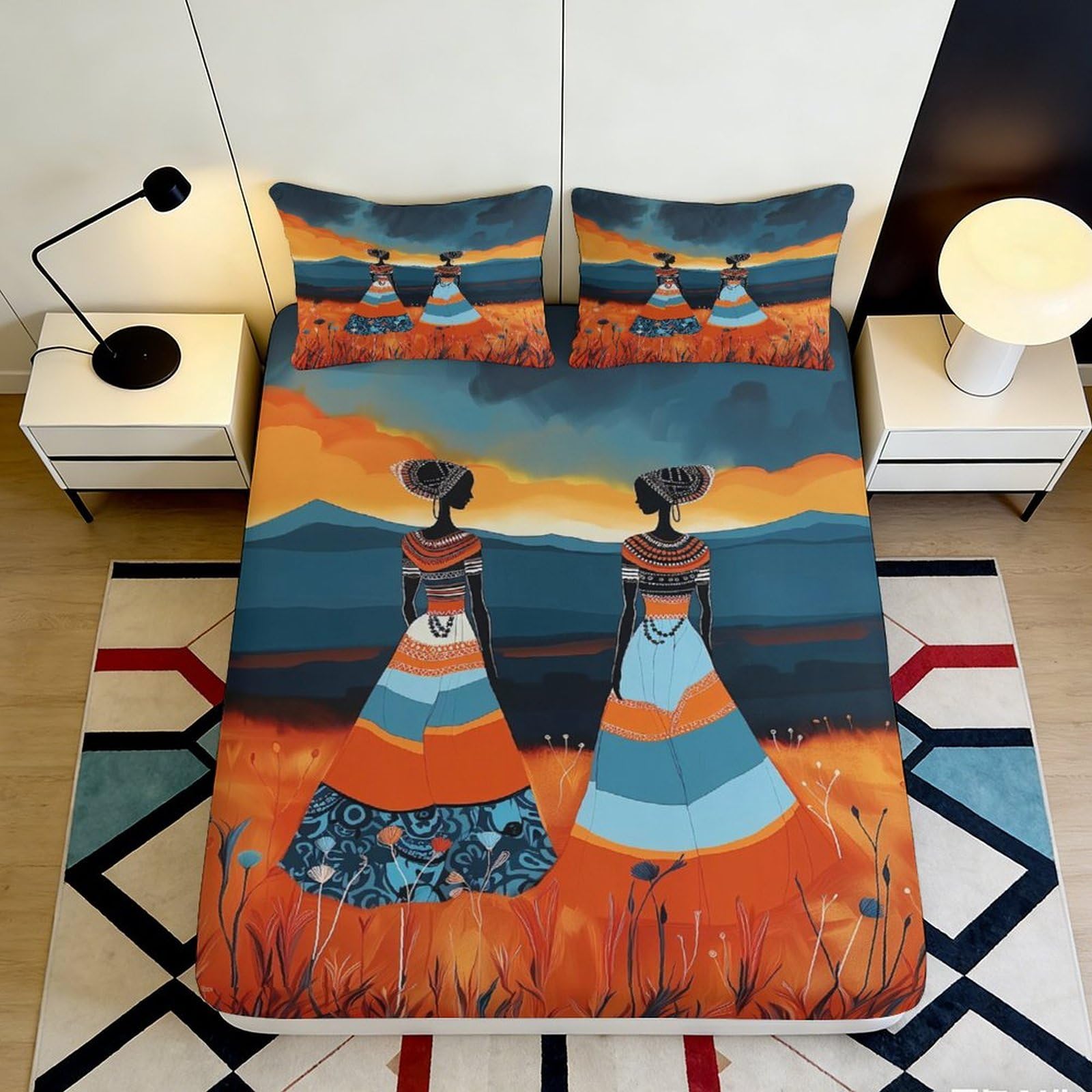 3D Printed African Tribal Women Fitted Sheet Microfiber Soft Orange Blue Abstract Mattress Cover Bedroom Home 90x200x25cm