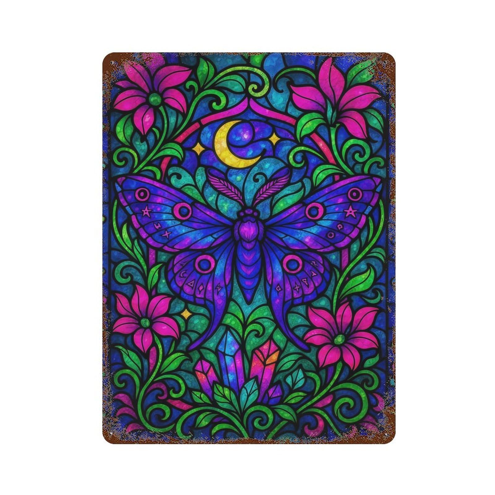 Aged Metal Wall Plaque with Neon Fantasy Stained Glass Moth with Moon Design 15.7"x11.8", for Farmhouse, Kitchen And Entryway Decor, Retro Wall Decor