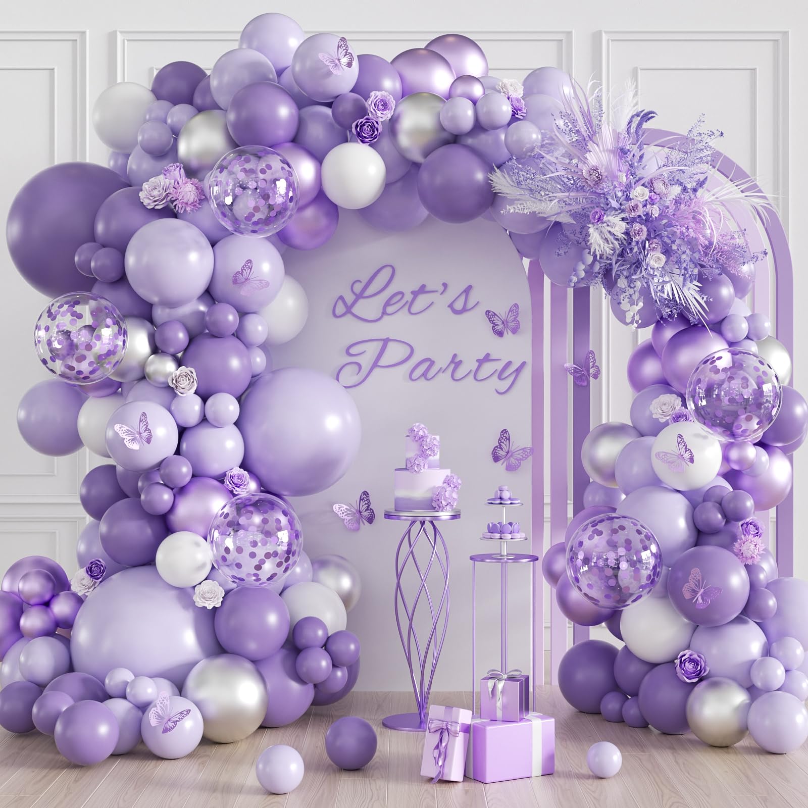 Purple Balloon Arch Kit with Pastel Metallic Purple Confetti Silver White Balloons for Wedding Bridal Baby Shower Birthday Party Decorations