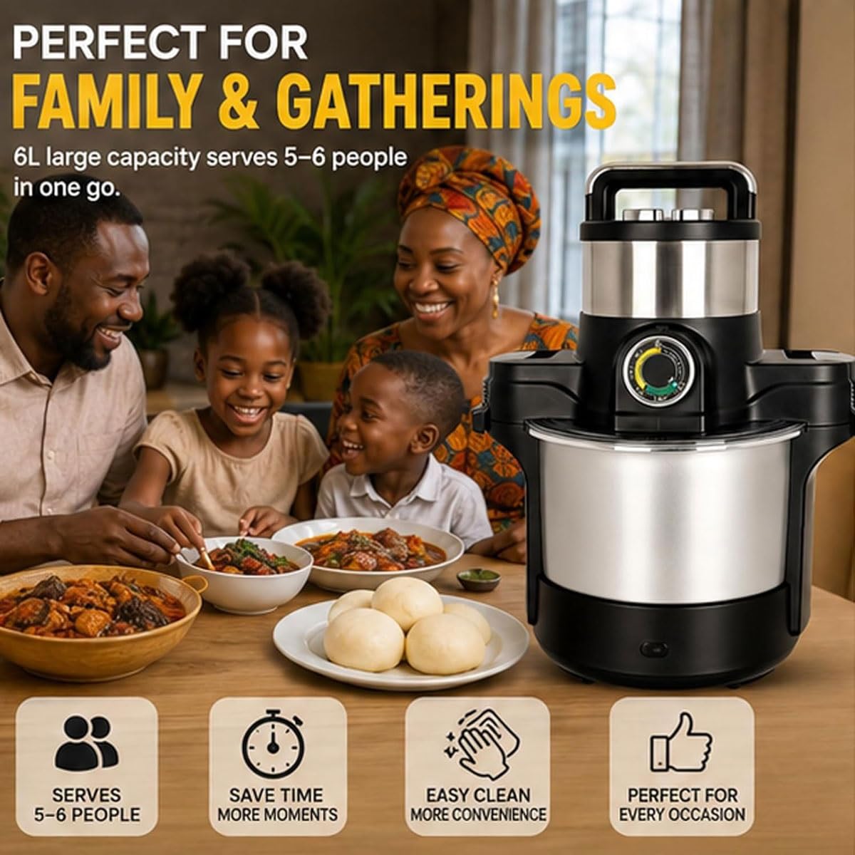 Automatyczna maszyna do wyciskania żywności 6L Yam Pounding Machine1600W Swallow Maker Robot kuchenny Służy od 5 do 6 osóbŁatwy do czyszczenia ze stali nierdzewnej Yam Pounder do Fufu Amala Banku
